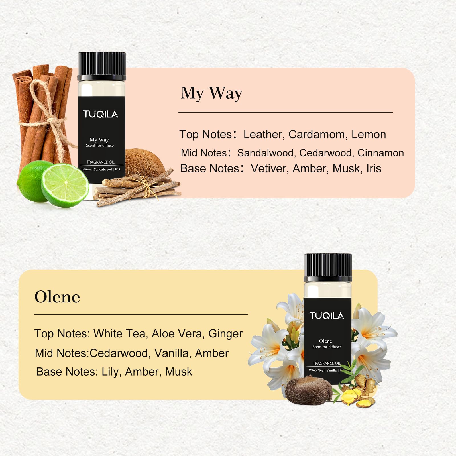 Tuqila Waterless Diffuser Oil Set (6x20mL) – Luxury Hotel Scents: My Way, Olene, Candy Mints, Mysterious, Bergamot, Oud Wood