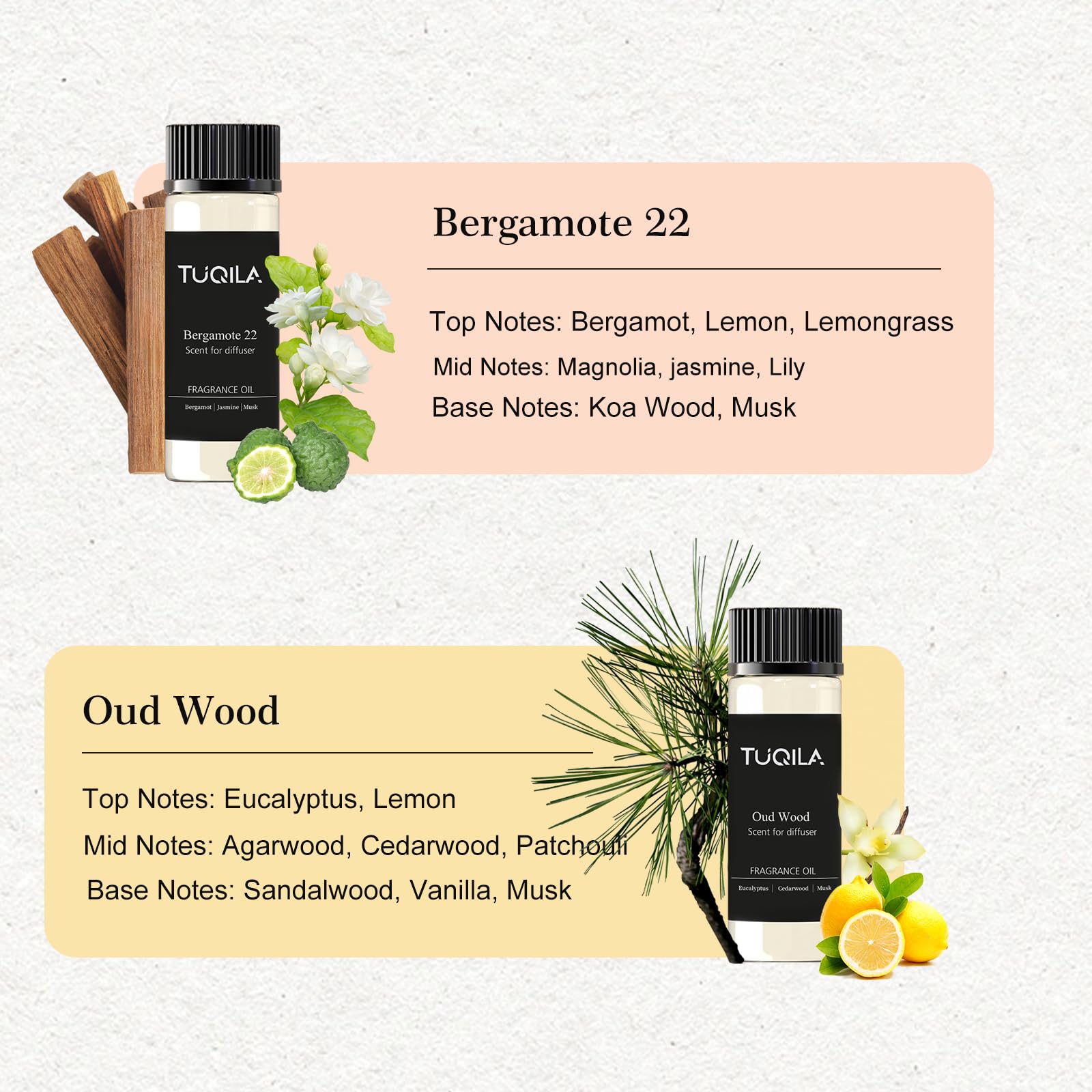 Tuqila Waterless Diffuser Oil Set (6x20mL) – Luxury Hotel Scents: My Way, Olene, Candy Mints, Mysterious, Bergamot, Oud Wood