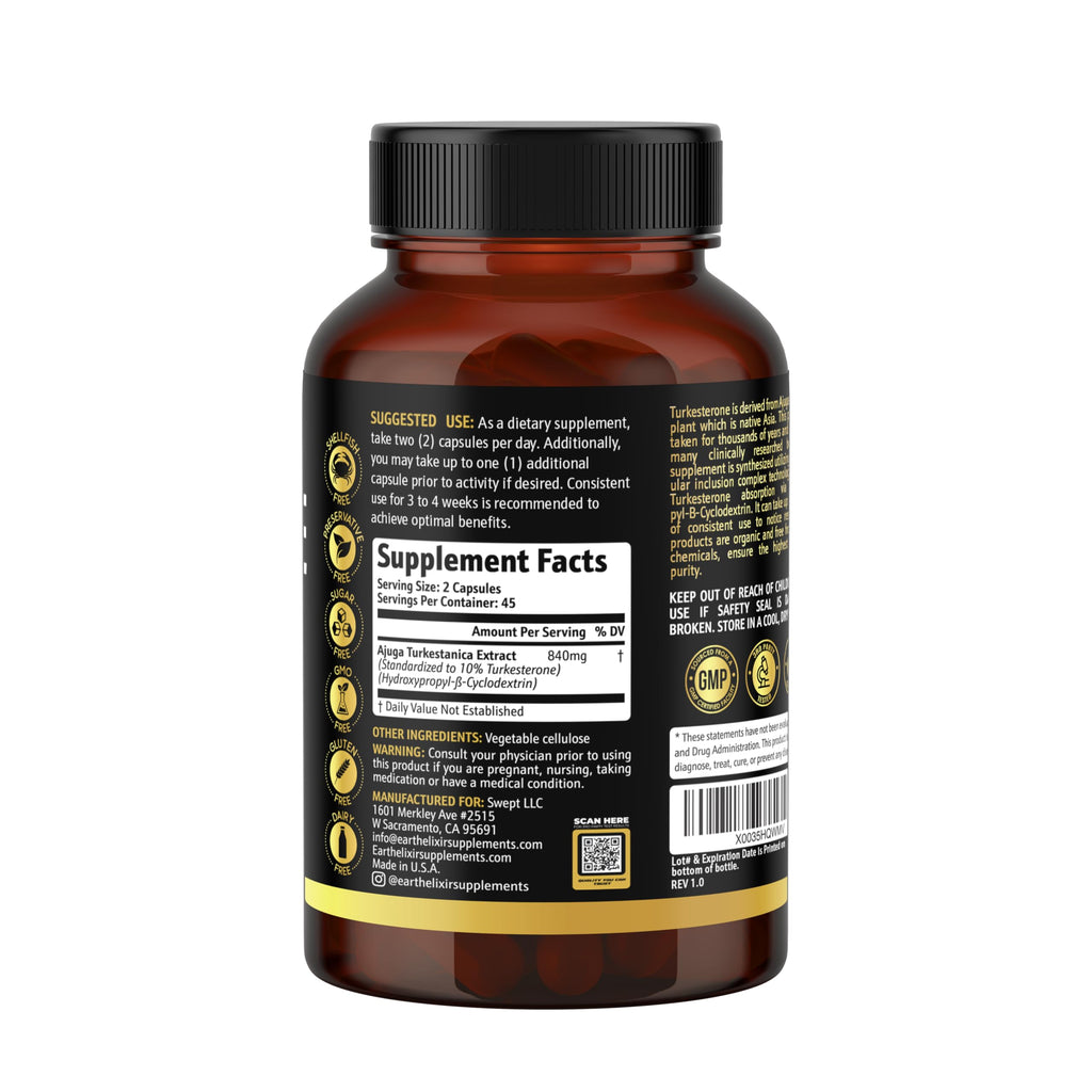 Turkesterone 840 mg – Natural Testosterone Support - 100% Pure Turkesterone Supplement for Men & Women - Ajuga Turkestanica Extract - Made in USA & 3rd Party Tested for Strength, Energy & Vitality
