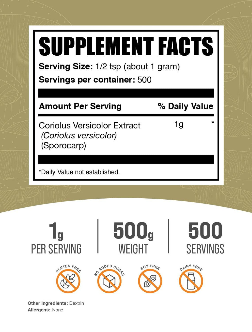 Turkey Tail Mushroom Extract Powder - Coriolus Versicolor | 1g/Serving, 500g | BulkSupplements