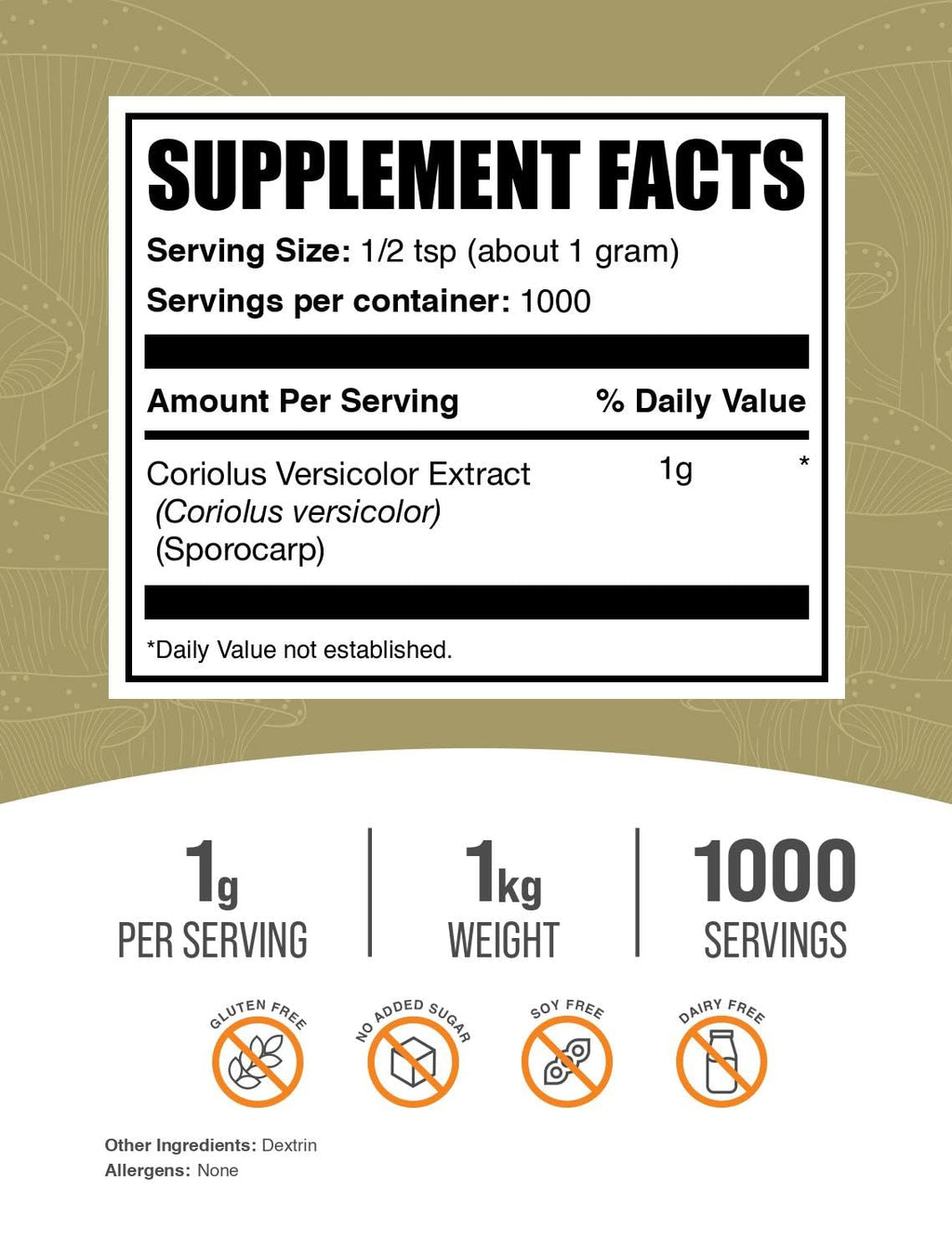 BulkSupplements Turkey Tail Mushroom Extract Powder – Coriolus Versicolor, Vegan & Gluten Free, 1kg