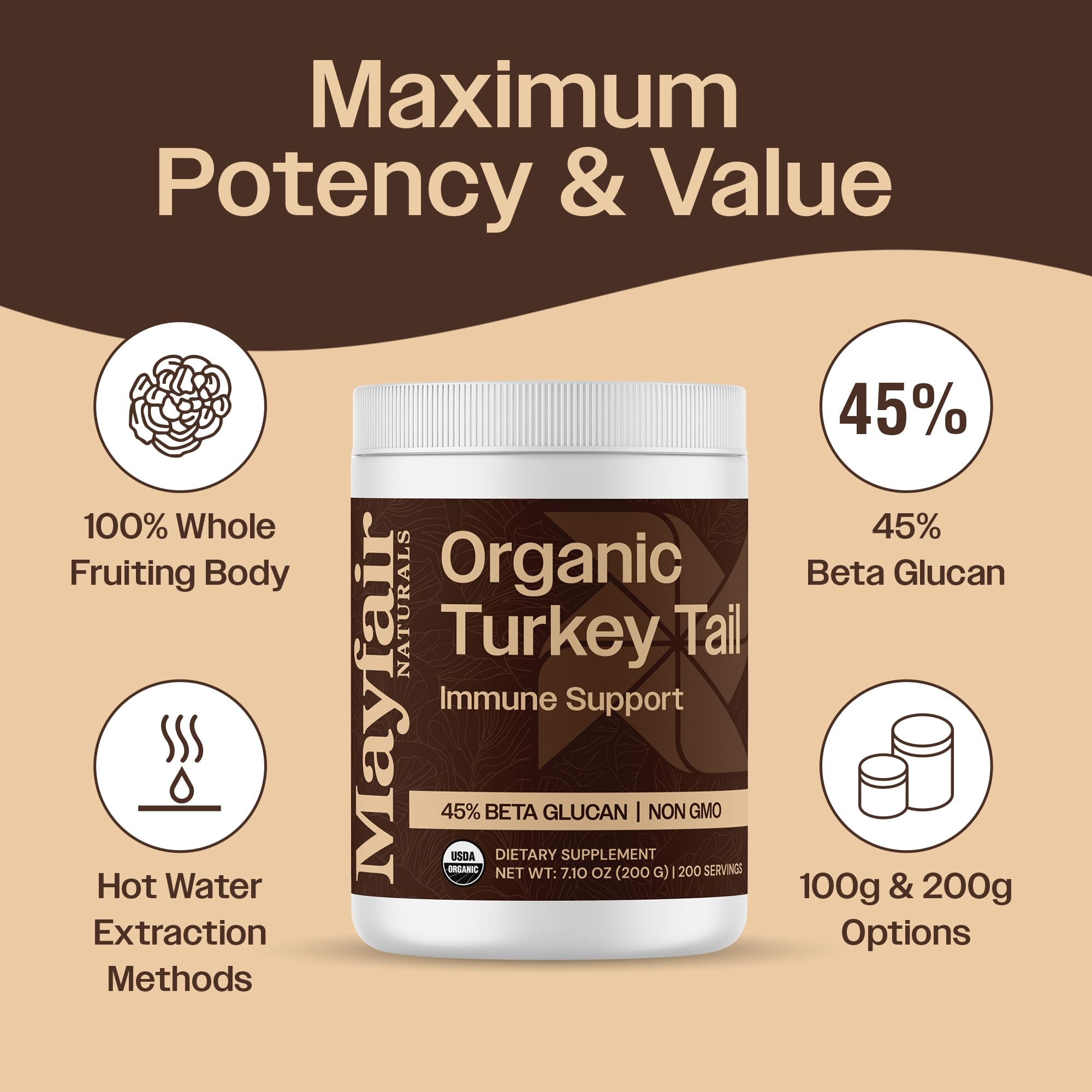 Turkey Tail Mushroom Powder Organic – Immune & Digestive Support (7.10 oz, 200 Servings)