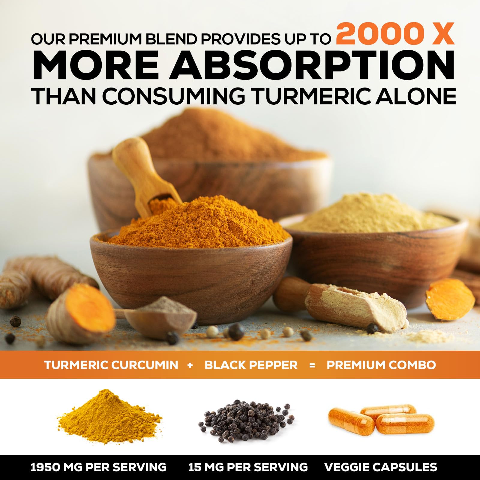 Turmeric Curcumin Supplement 1950mg - 95% Curcuminoids with Organic Turmeric & BioPerine Black Pepper Extract for Best Absorption, Natural Vegan Joint Support, Non-GMO, Bottled in USA - 180 Capsules