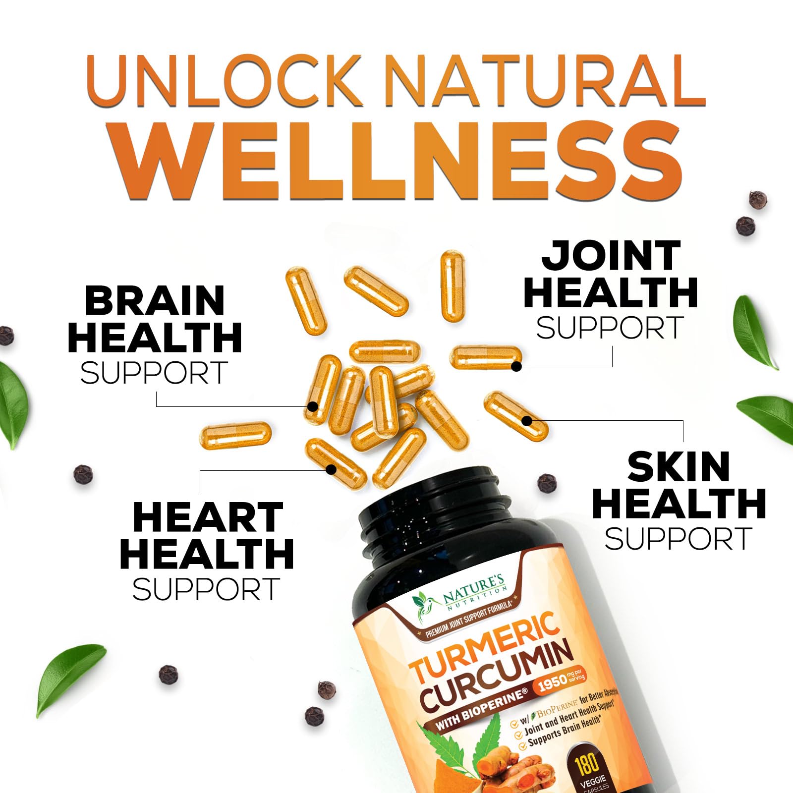 Turmeric Curcumin Supplement 1950mg - 95% Curcuminoids with Organic Turmeric & BioPerine Black Pepper Extract for Best Absorption, Natural Vegan Joint Support, Non-GMO, Bottled in USA - 180 Capsules
