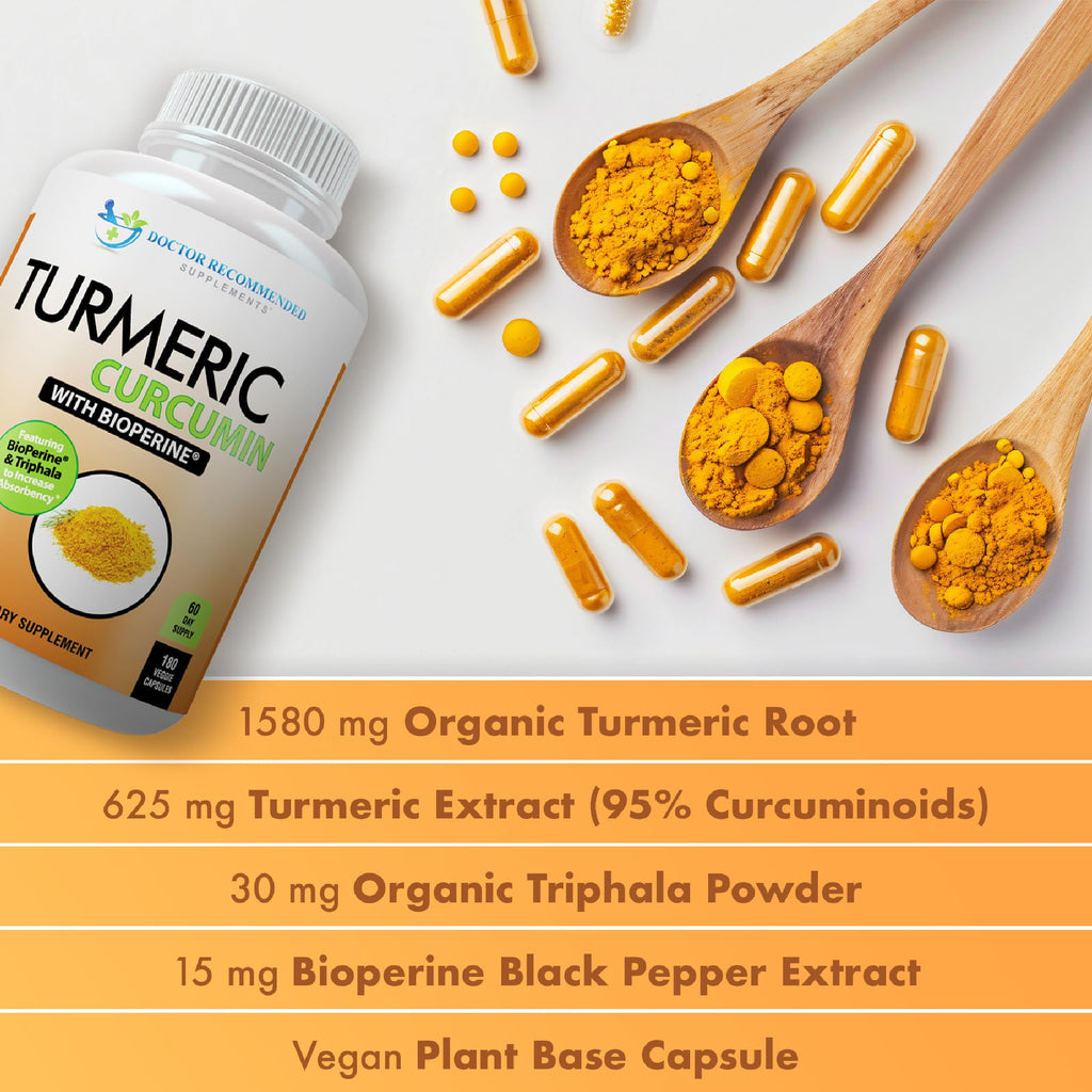 Turmeric Curcumin 2250mg/day — Bioperine Veggie Caps — 100% Organic | Pack of 3 | Doctor Recommended Supplements