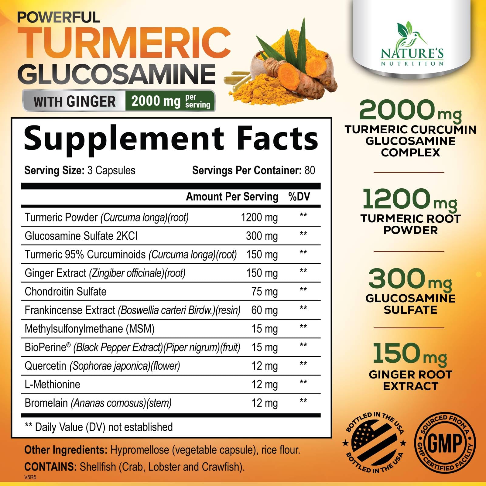 Turmeric Curcumin 2000mg with Glucosamine & Ginger – BioPerine, 240 capsules, USA Made