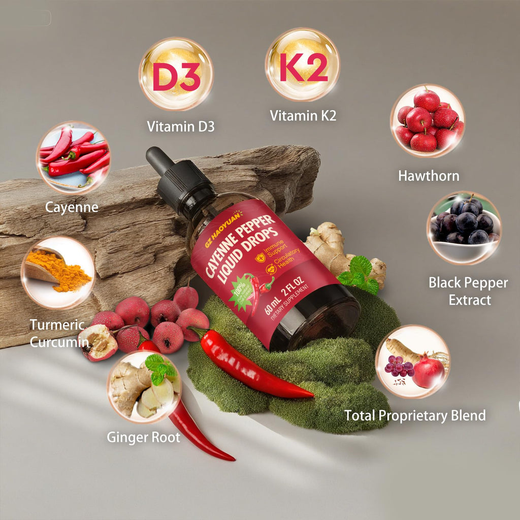 Cayenne Pepper Liquid Drops with Hawthorn, Turmeric Curcumin, Vitamin D3 K2 - 2 fl oz
