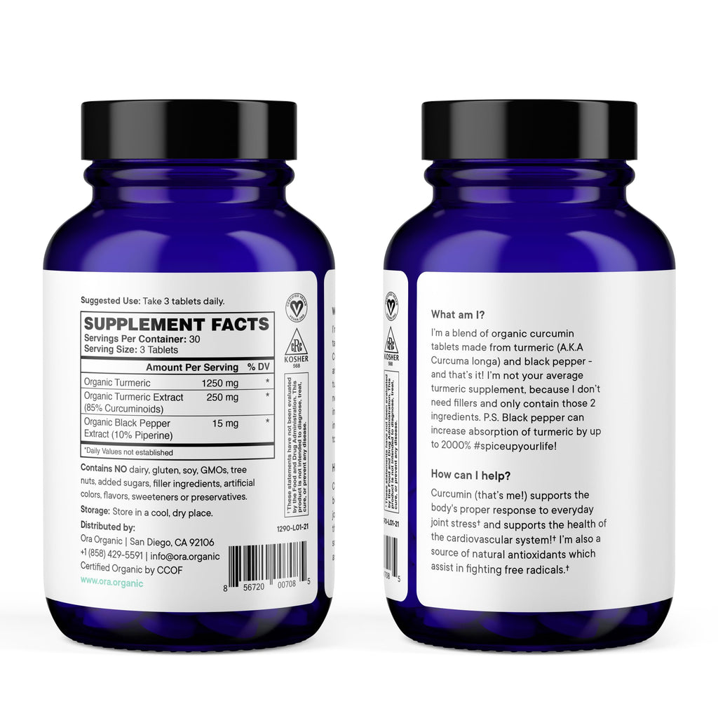 Ora Organic Turmeric Curcumin with Piperine – 90 Vegan Tablets | Joint & Heart Health