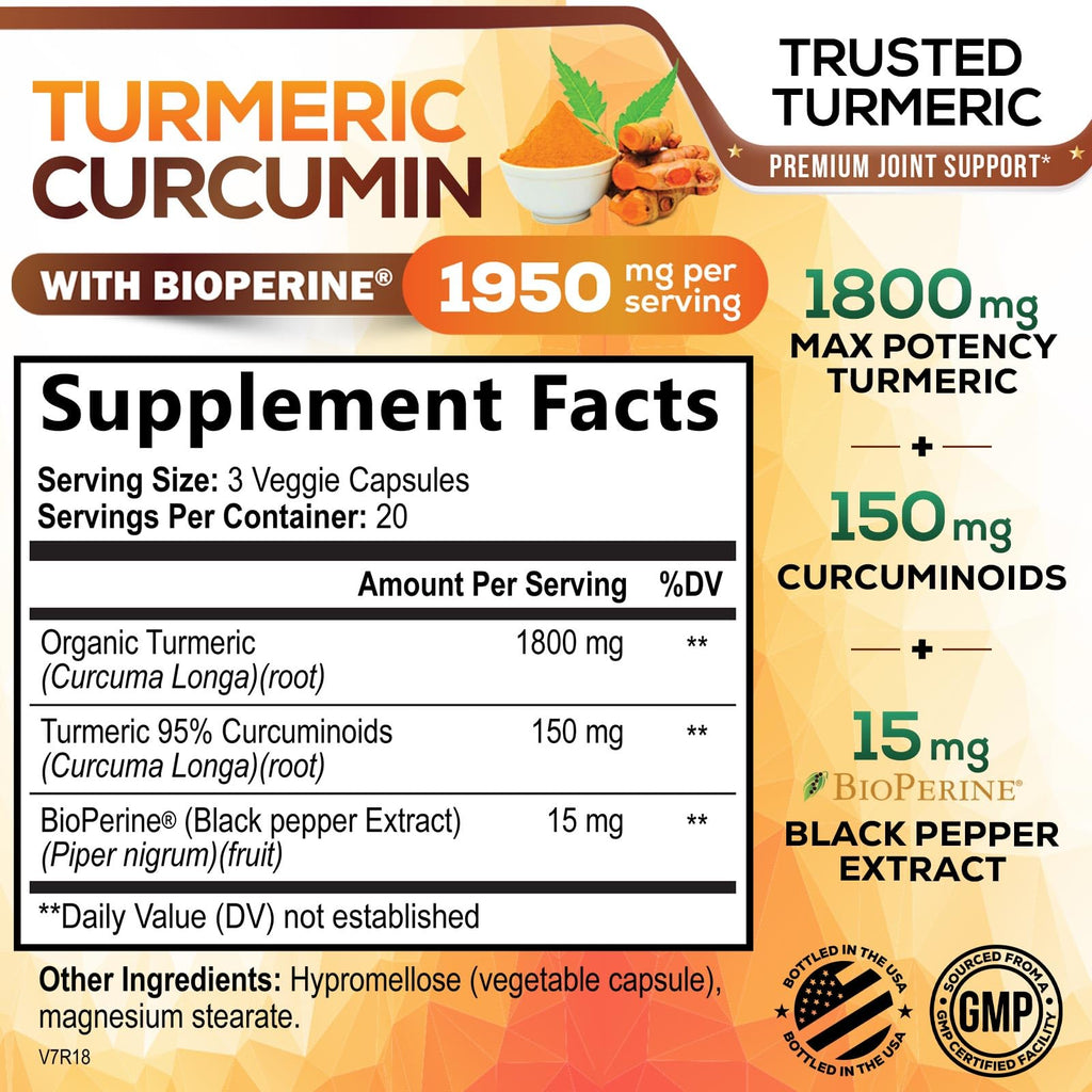 Turmeric Curcumin 1950mg with BioPerine - 95% Curcuminoids | Made in USA | 60 Capsules