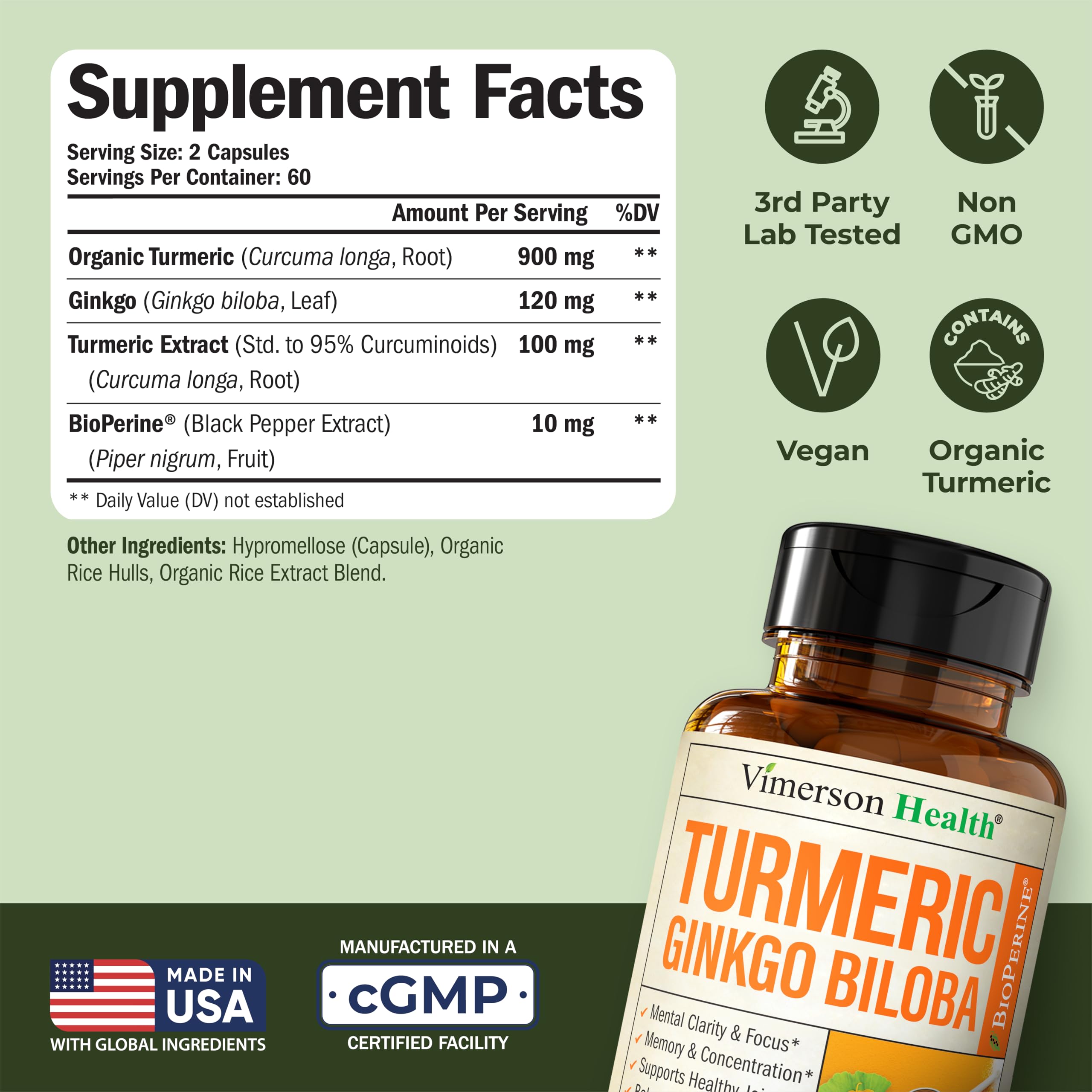 Ginkgo Biloba & Turmeric Curcumin Supplement with BioPerine – Vimerson Health | 120 Vegan Capsules