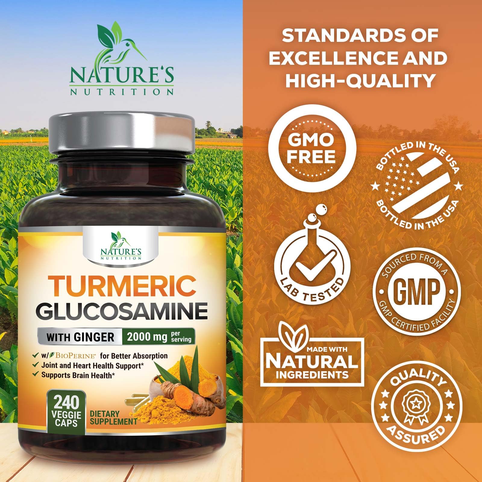 Turmeric Curcumin 2000mg with Glucosamine & Ginger – BioPerine, 240 capsules, USA Made