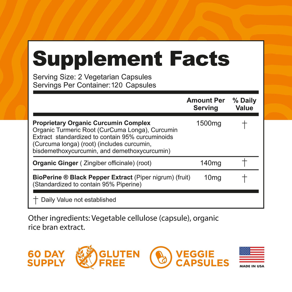 Turmeric Curcumin with BioPerine, Black Pepper & Ginger — Made in USA | 120 Vegetarian Capsules