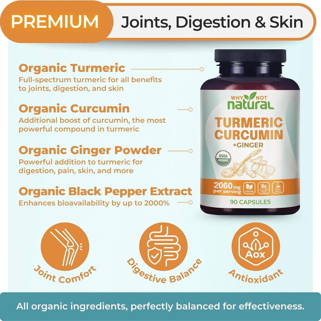 Organic Turmeric Curcumin Capsules with Ginger and Black Pepper - Tumeric