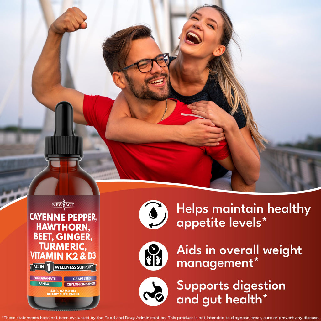Cayenne Pepper Liquid Drops with Hawthorn Berry, D3 K2, Beet Root Powder, Cinnamon, Turmeric & Ginseng - 2oz