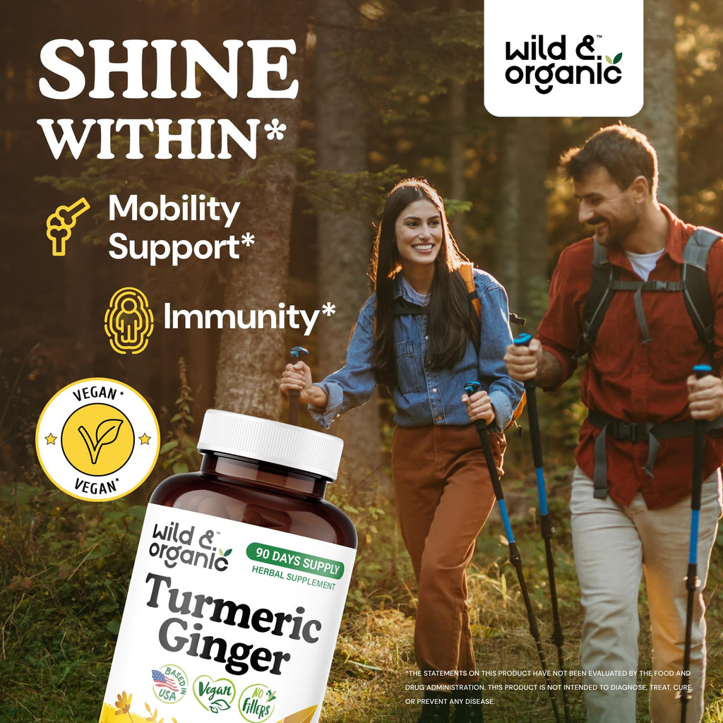 Wild & Organic Turmeric & Ginger Capsules | Mobility & Immune Support | 180 Count | Vegan