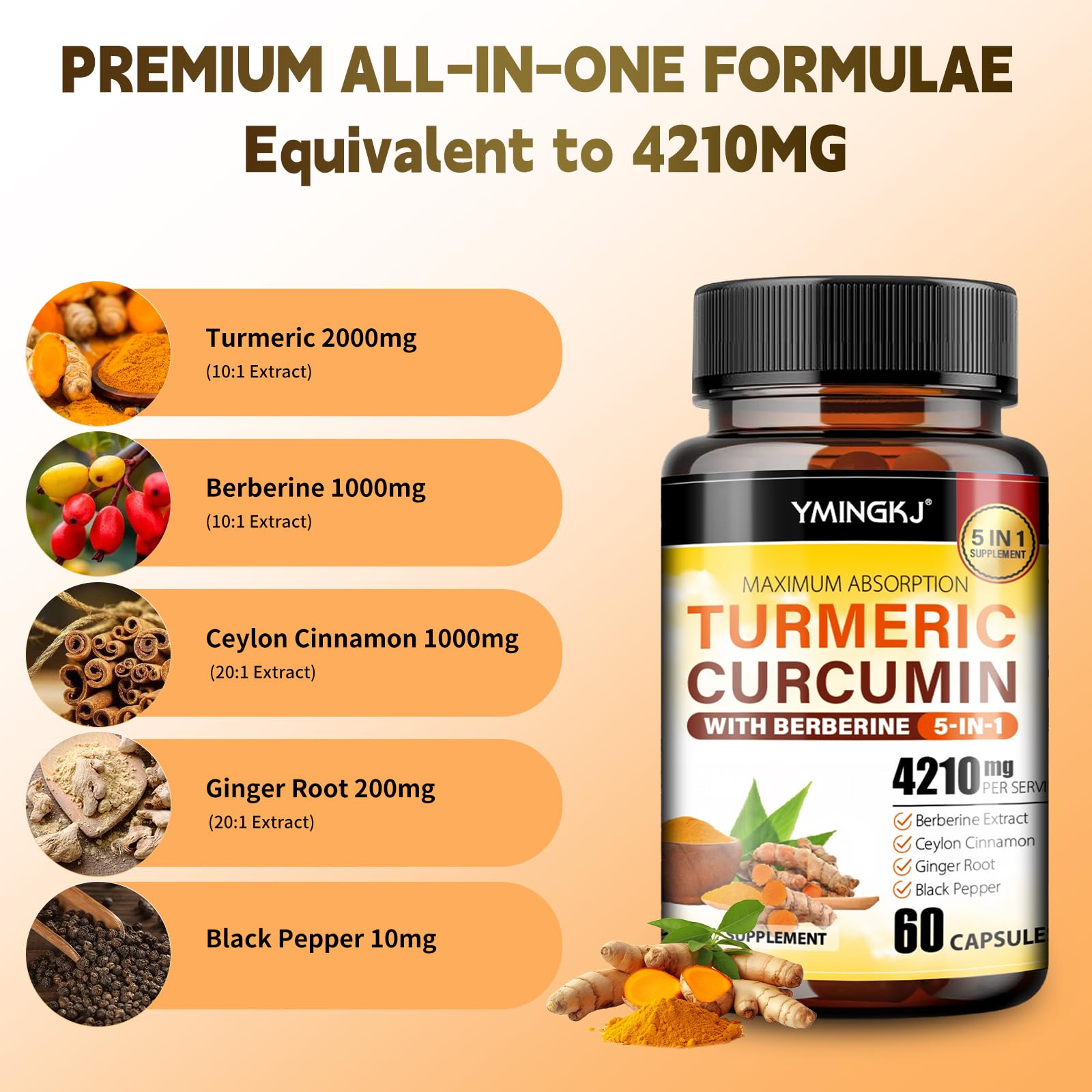 Turmeric Curcumin with Black Pepper & Ginger – Berberine & Ceylon Cinnamon | 60 Capsules