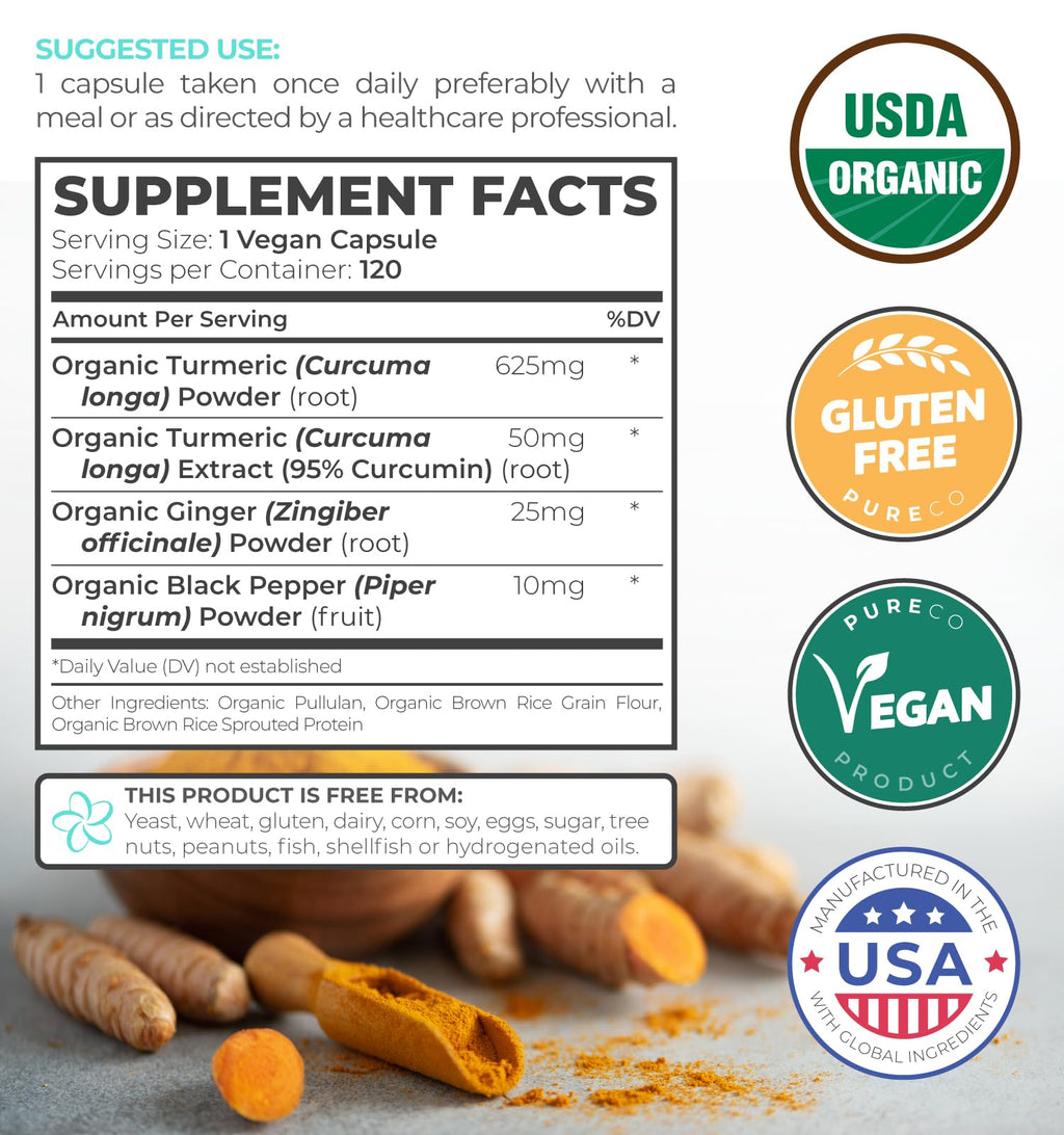 Organic Turmeric Ginger Black Pepper Supplement - High Potency Curcumin, 2 Month Supply