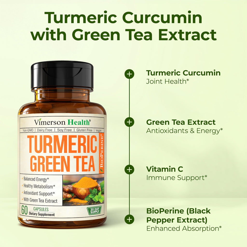 Turmeric Curcumin with Green Tea & Vitamin C – Joint Health, Energy | 60 Capsules | Gluten-Free & Non-GMO