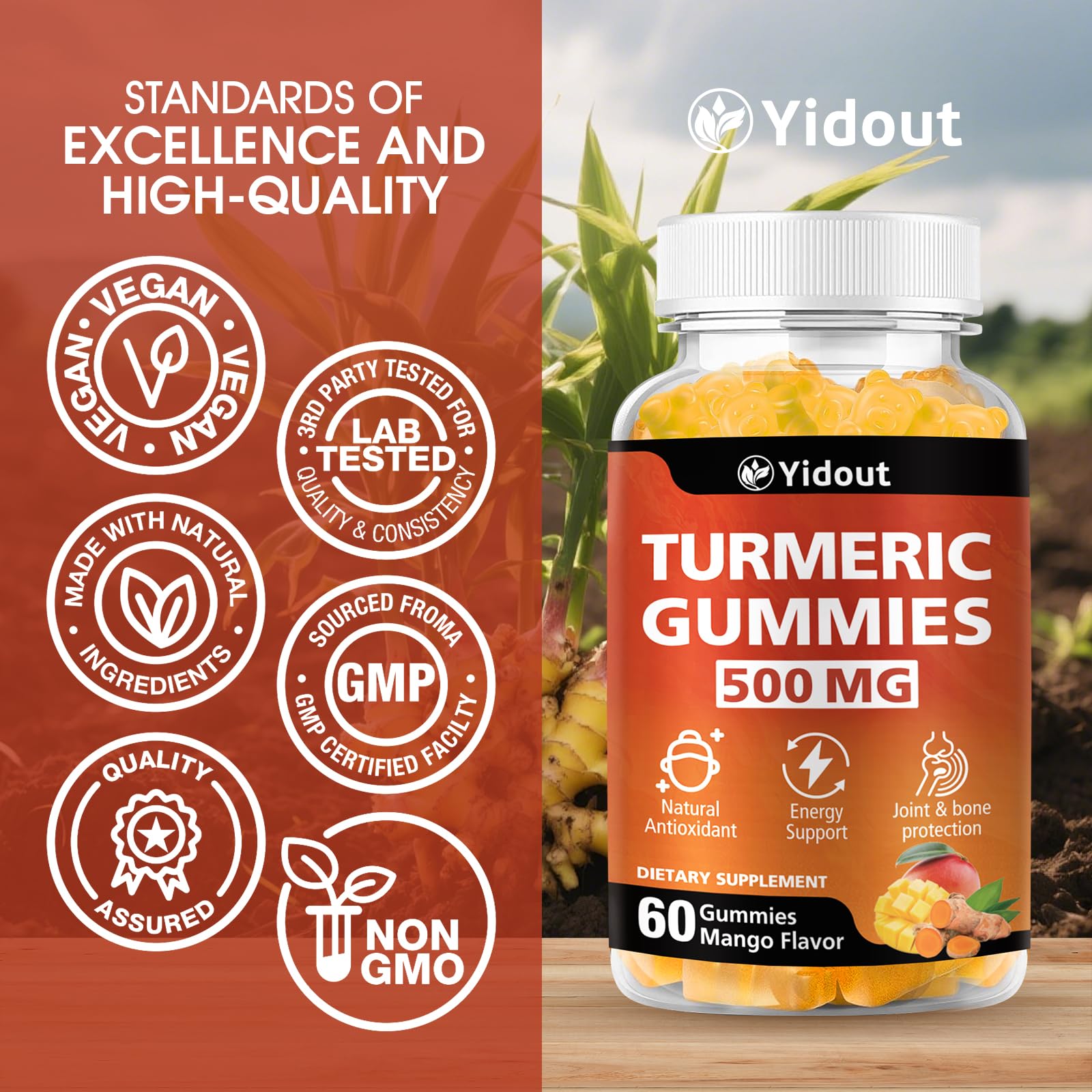 Turmeric Curcumin Gummies 500mg with Ginger & Black Pepper – Mango (60 Count, Pack of 2)