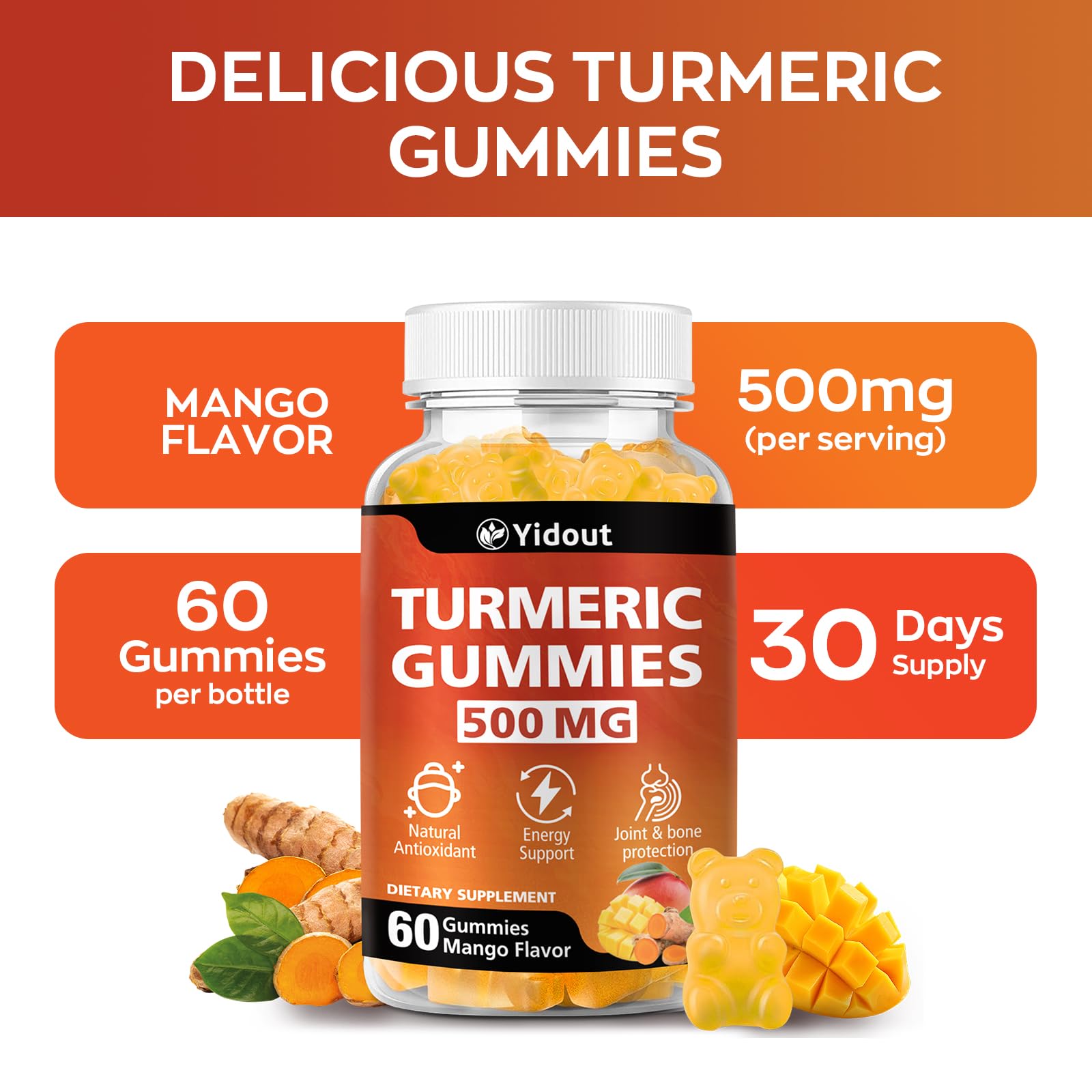 Turmeric Curcumin Gummies 500mg with Ginger & Black Pepper – Mango Flavor, 60 Count