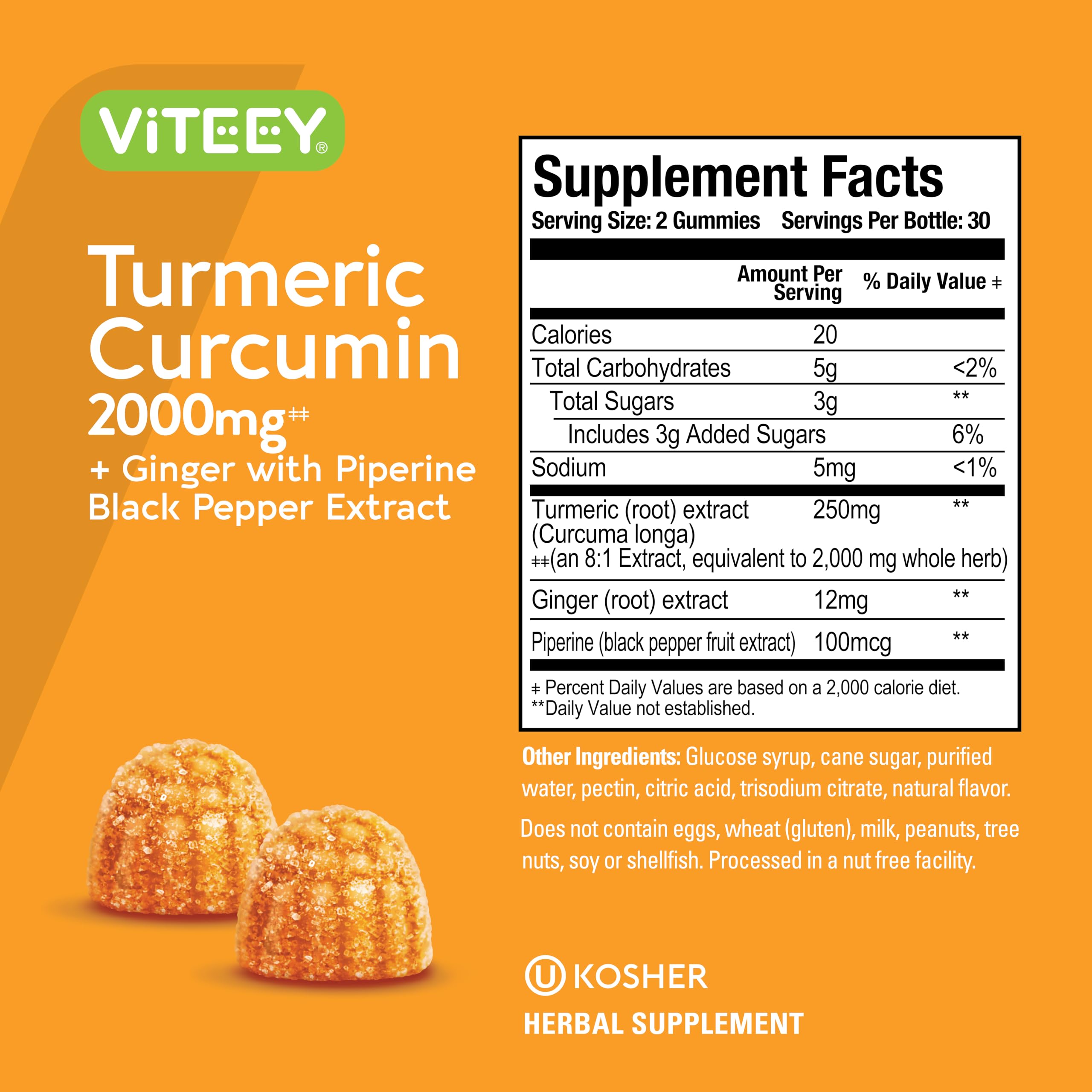 Turmeric Curcumin Gummies 2000mg with Ginger & Black Pepper – Immune & Joint Support (Vegan, Peach) – 2 Pack