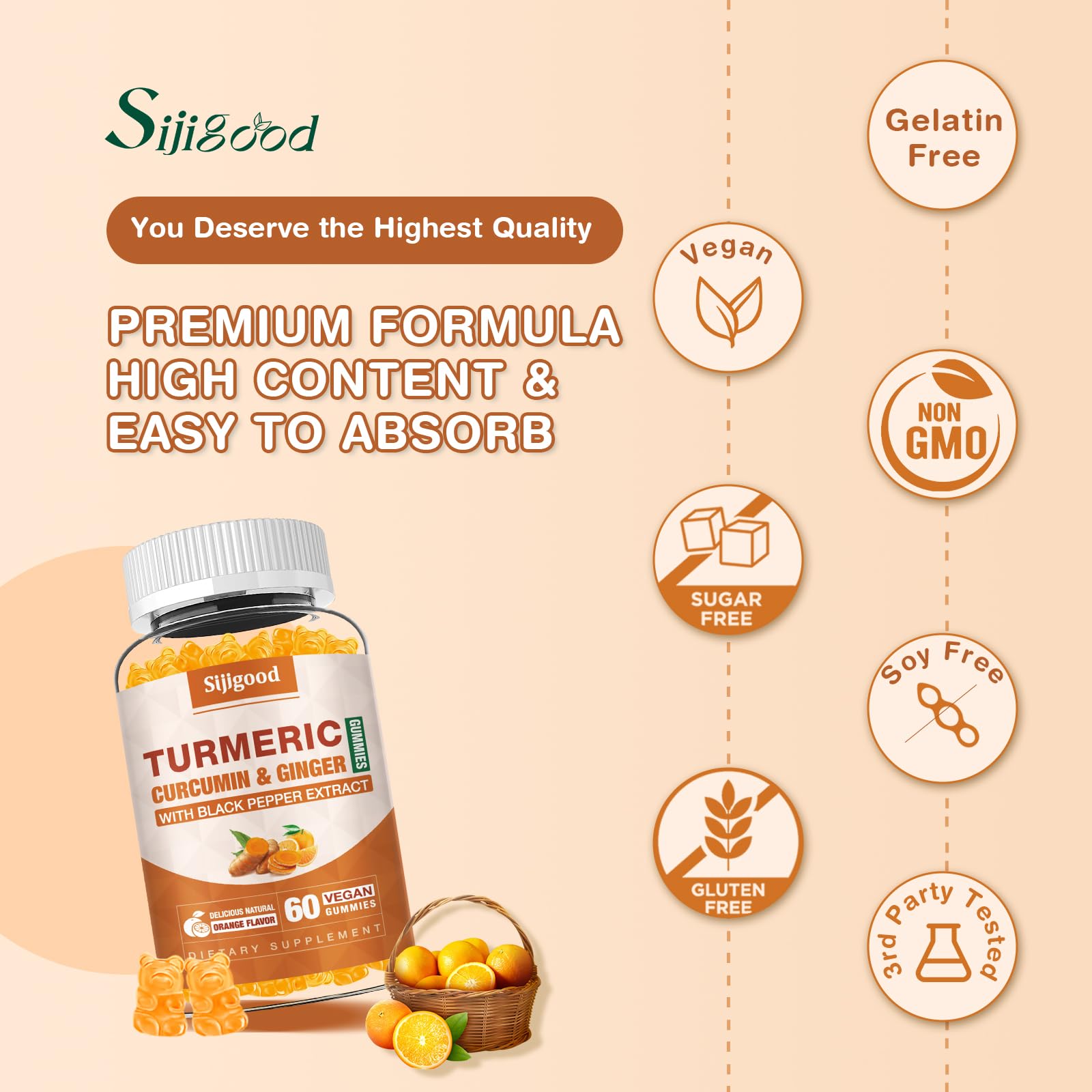 Turmeric Curcumin Gummies with Ginger & Black Pepper – Immune & Joint Support | 60 Orange Gummies