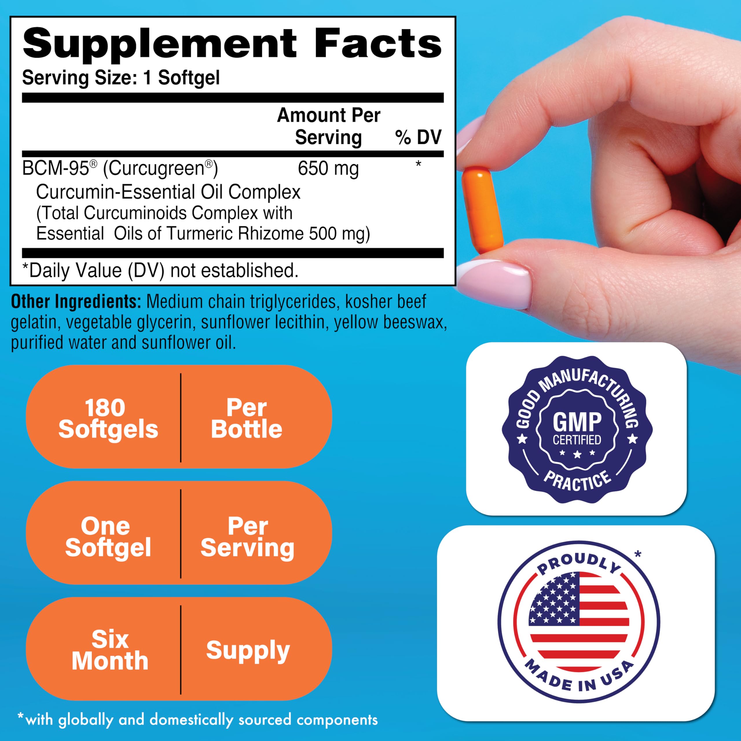 Health Thru Nutrition Curcu-Gel 650mg BCM-95 CurcuGreen Turmeric Curcumin – High Absorption, Non-GMO, 180 Count