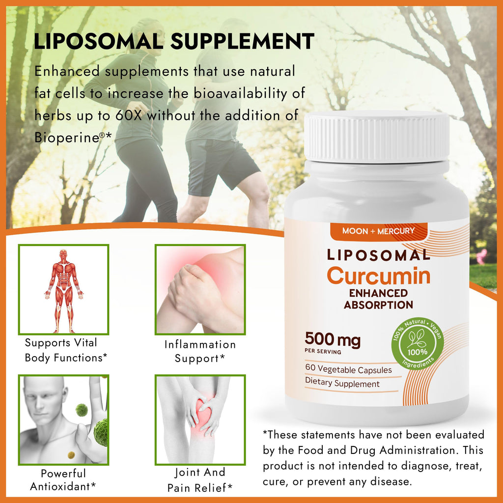 Moon + Mercury Liposomal Turmeric Curcumin 500mg - 60 Capsules | 100% Natural Curcuminoids