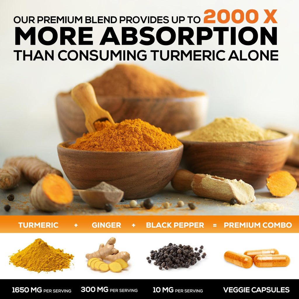 Turmeric Curcumin 1950mg with BioPerine – 95% Curcuminoids, Organic Turmeric & Ginger, 180 Capsules