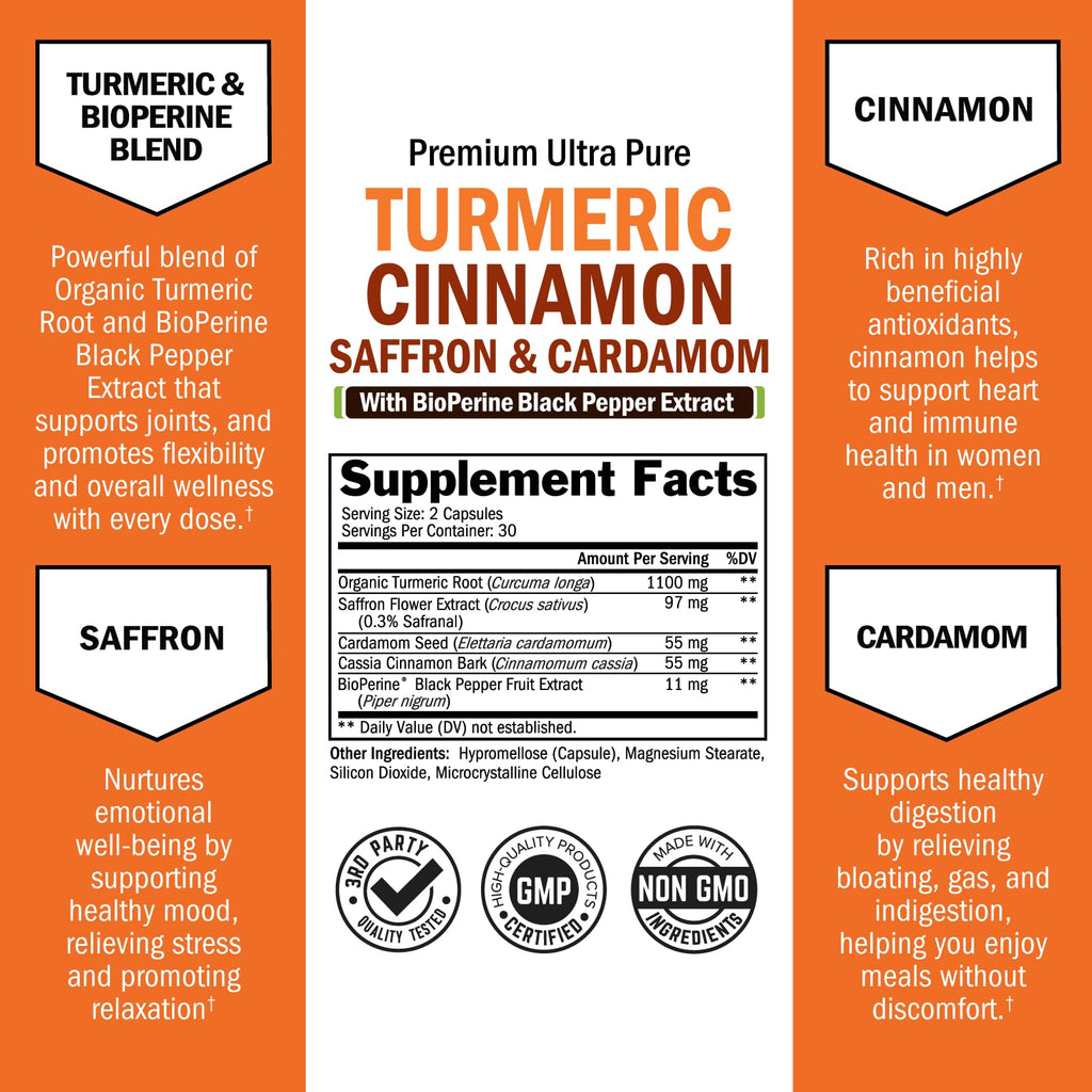 Turmeric Curcumin with Saffron, Cinnamon & Cardamom + BioPerine – Joint Support, 60 Capsules