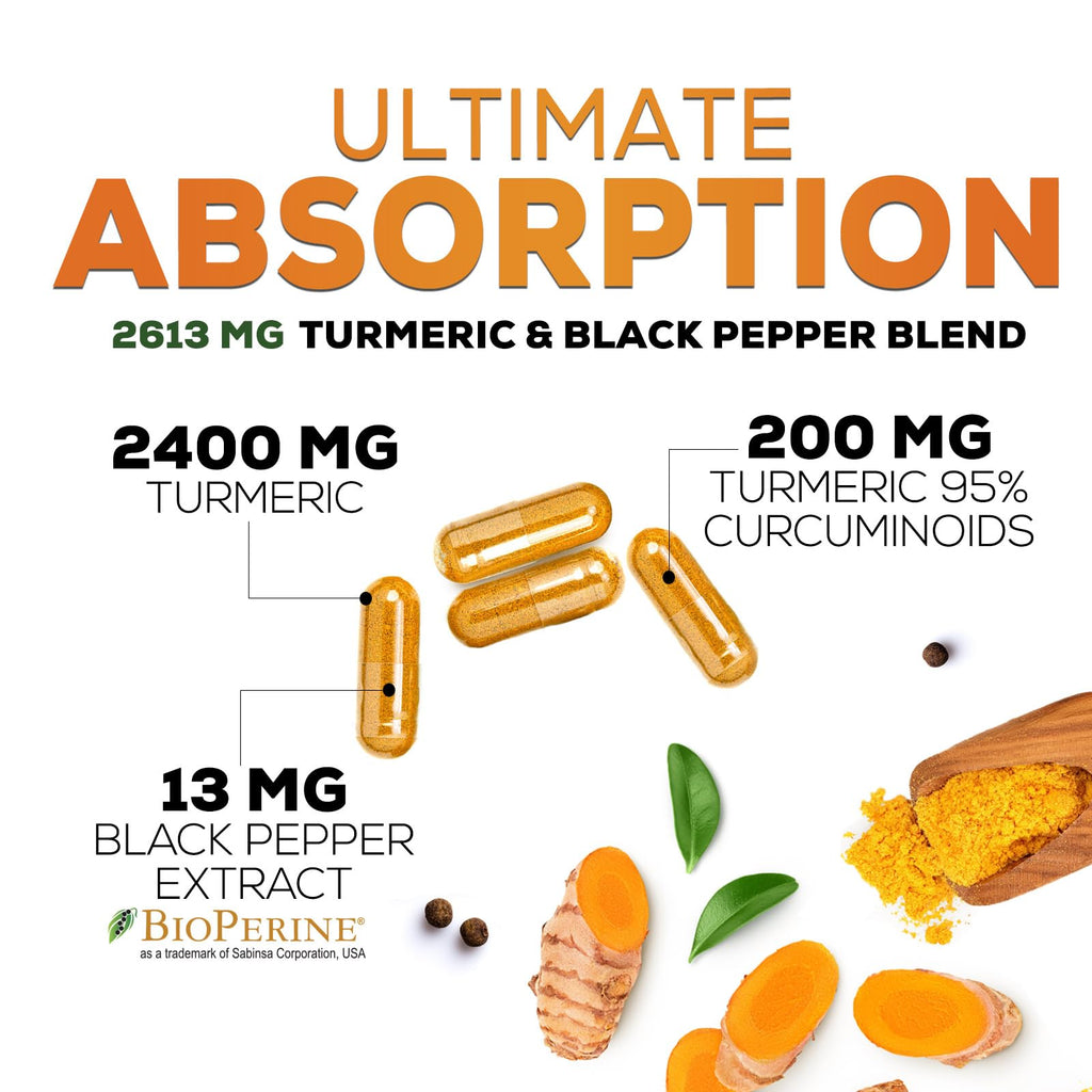 Turmeric Curcumin Supplement 2600mg – 95% Curcuminoids, BioPerine & Organic Turmeric – 240 Capsules | Made in USA