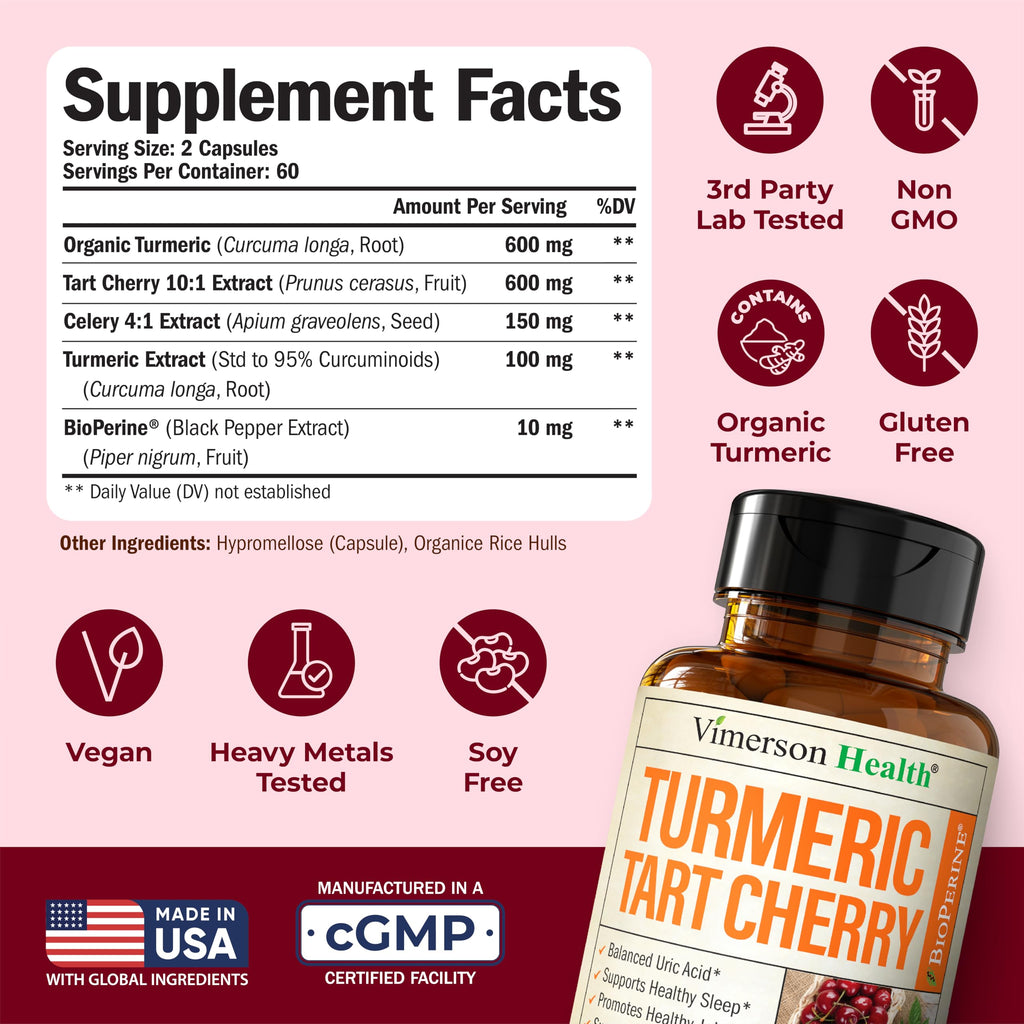 Vimerson Health Turmeric Curcumin with Tart Cherry & Celery Seed - Joint Support, Uric Balance, Sleep Aid - 120 Capsules