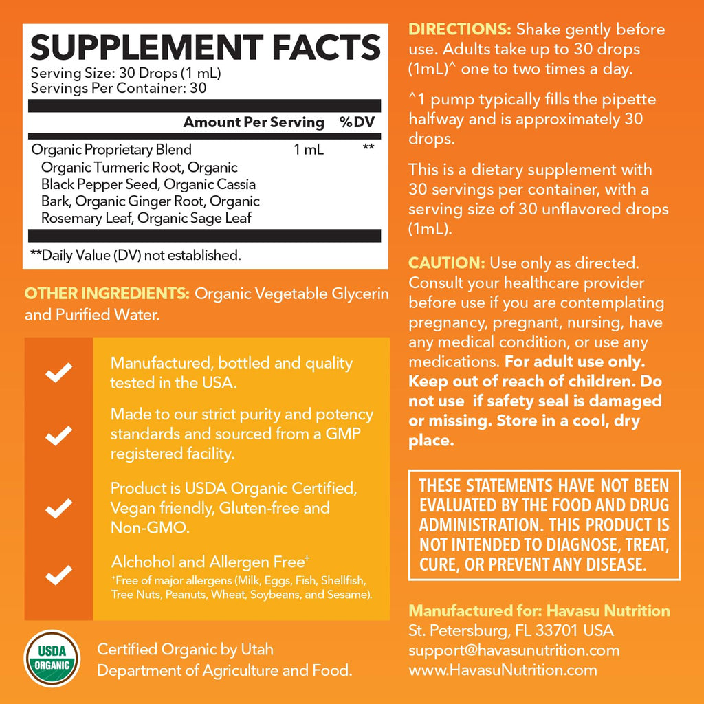 USDA Organic Turmeric Liquid Drops with Black Pepper – 1000mg Curcumin, 1oz
