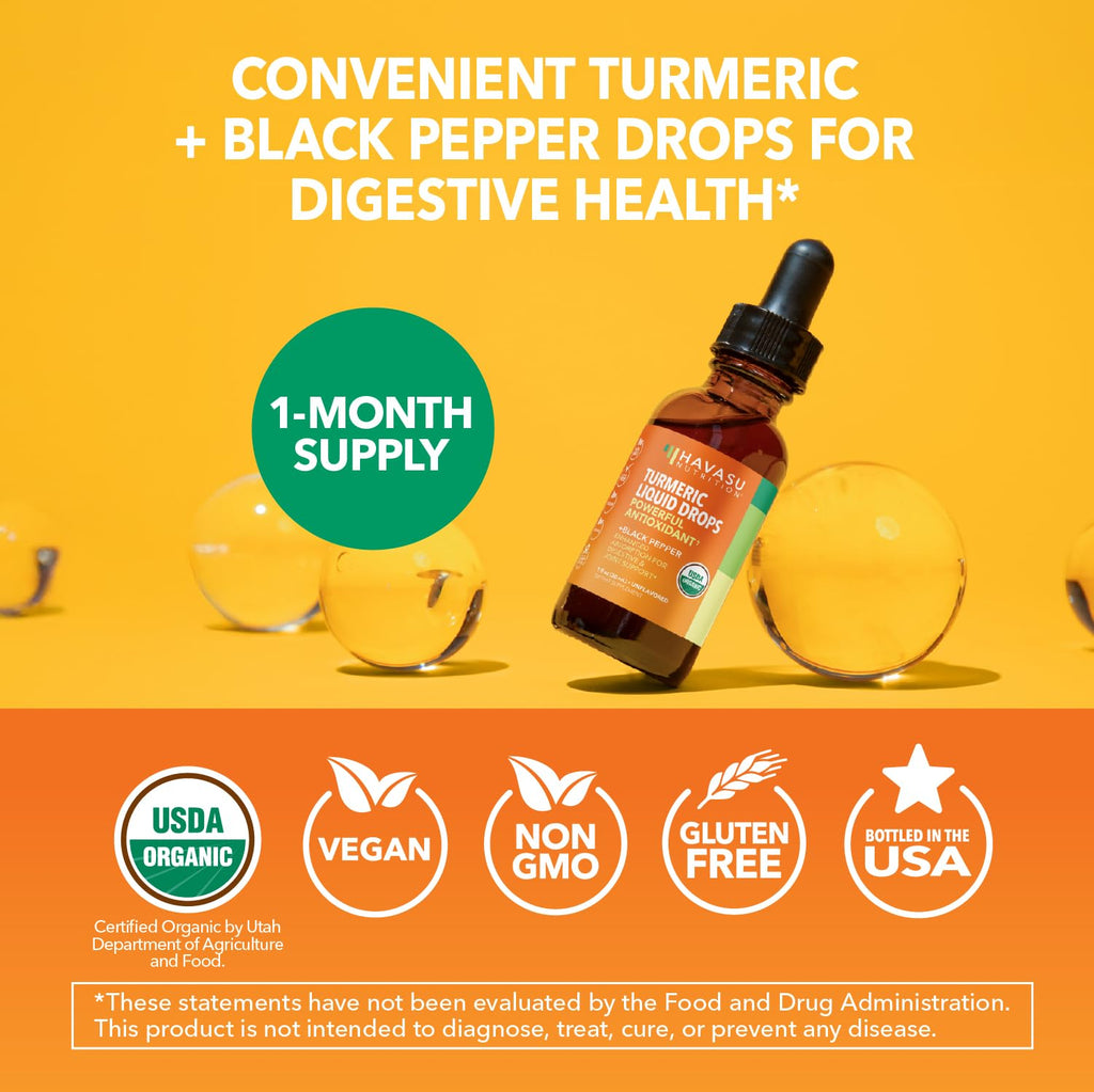USDA Organic Turmeric Liquid Drops with Black Pepper – 1000mg Curcumin, 1oz