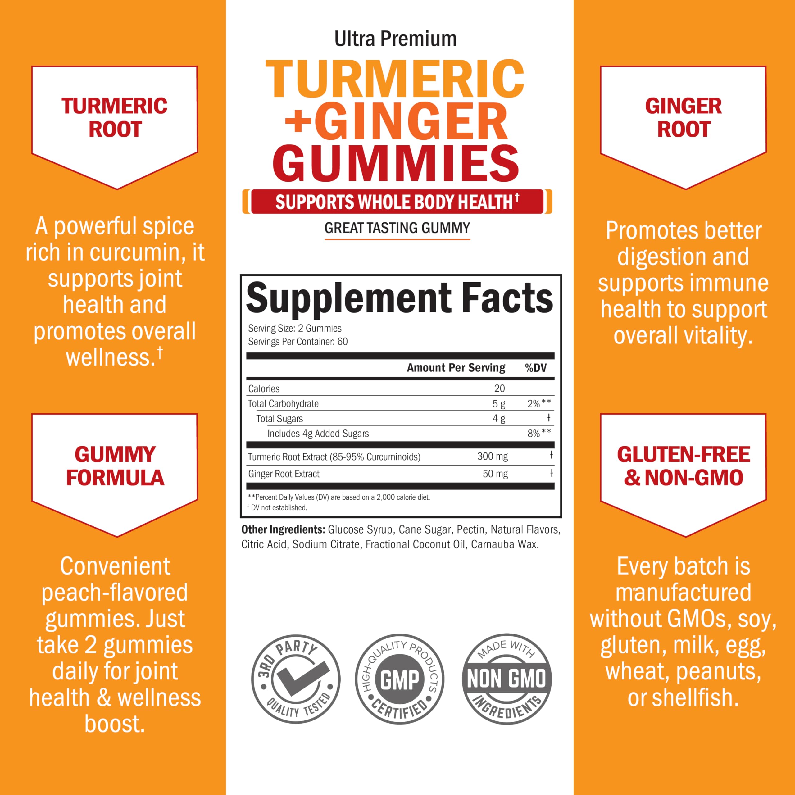 Turmeric Curcumin with Ginger Gummies - Extra Strength Joint Support, Peach Flavor | Gluten Free & Non-GMO | 120 Count
