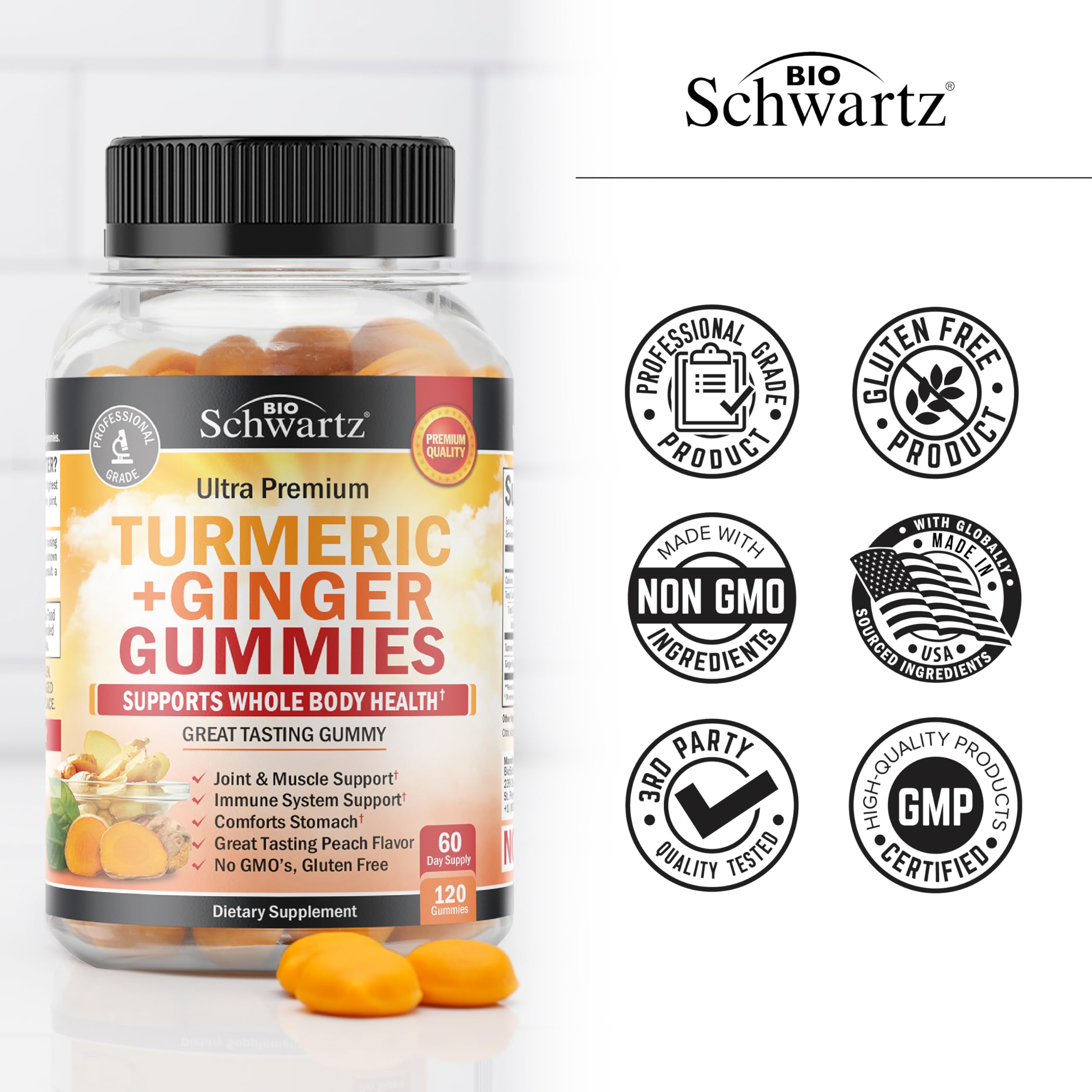 Turmeric Curcumin with Ginger Gummies - Extra Strength Joint Support, Peach Flavor | Gluten Free & Non-GMO | 120 Count