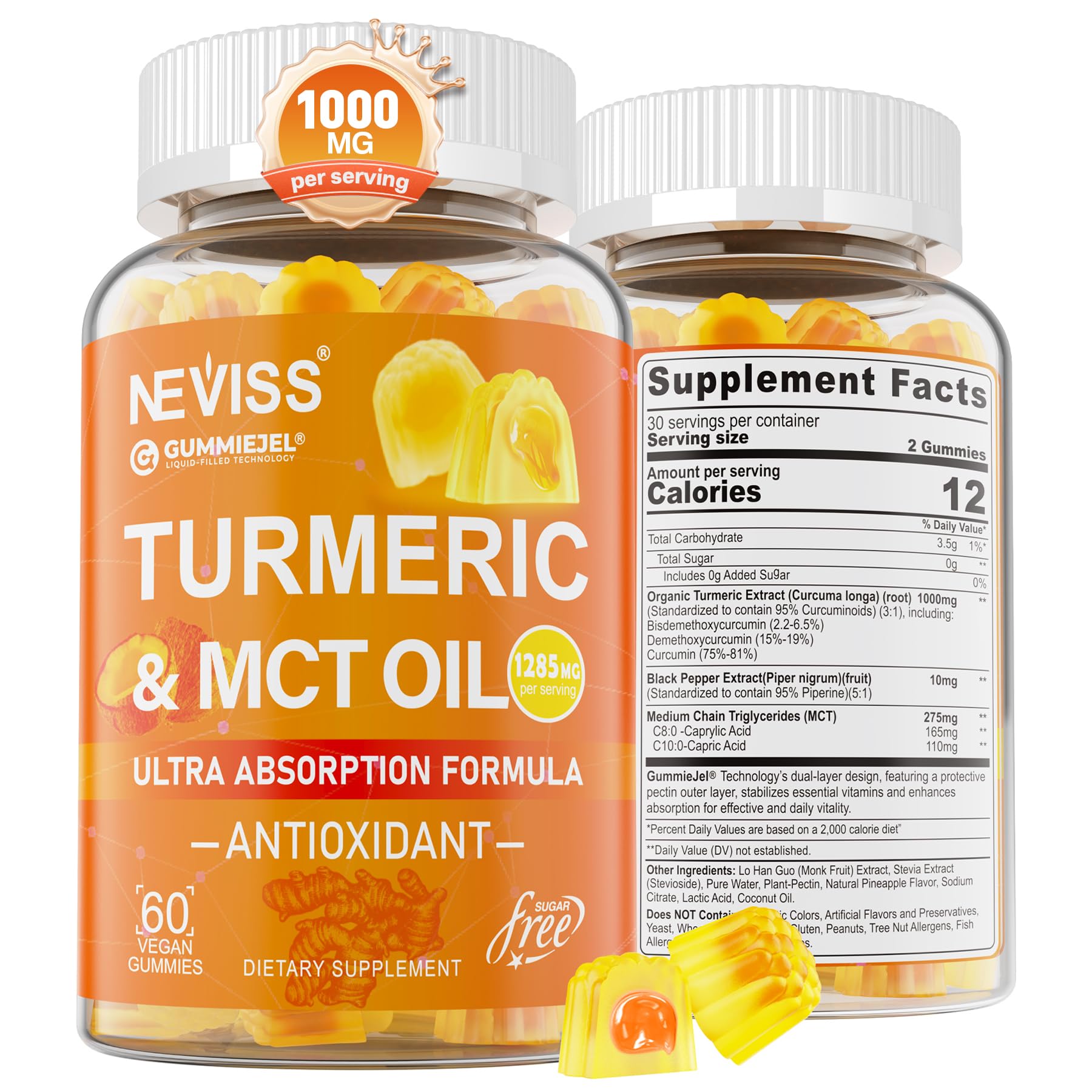 Turmeric Gummies 1000mg with MCT Oil C8/C10 – Curcumin + Black Pepper, Sugar Free, 60 Gummies