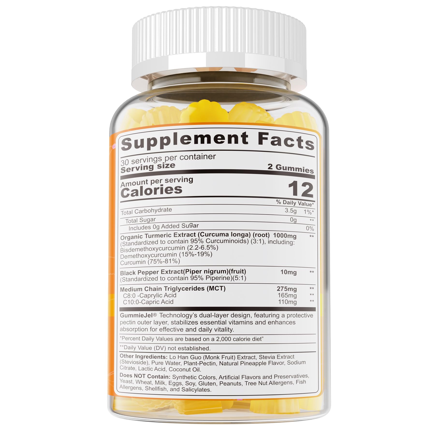 Turmeric Gummies 1000mg with MCT Oil C8/C10 – Curcumin + Black Pepper, Sugar Free, 60 Gummies
