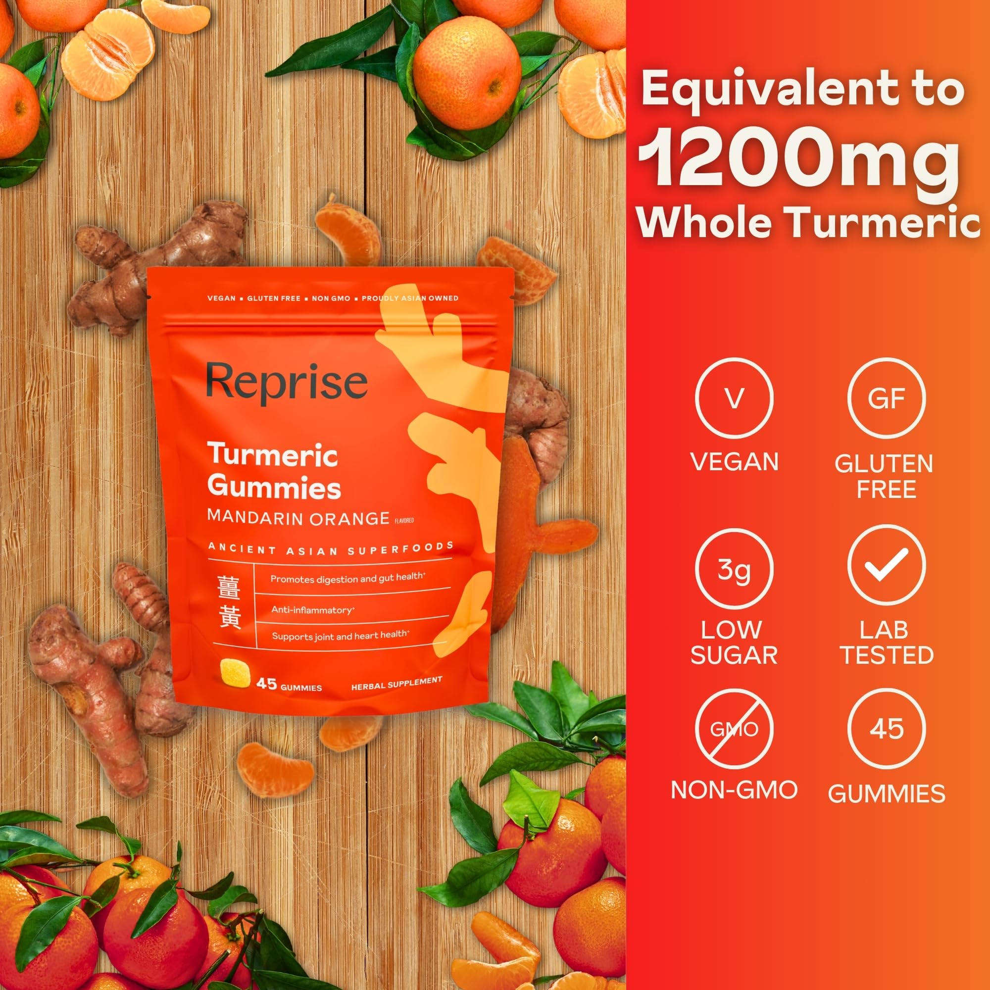 Turmeric Gummies for Women – Vegan, Low-Sugar, Mandarin Orange, 45 Count