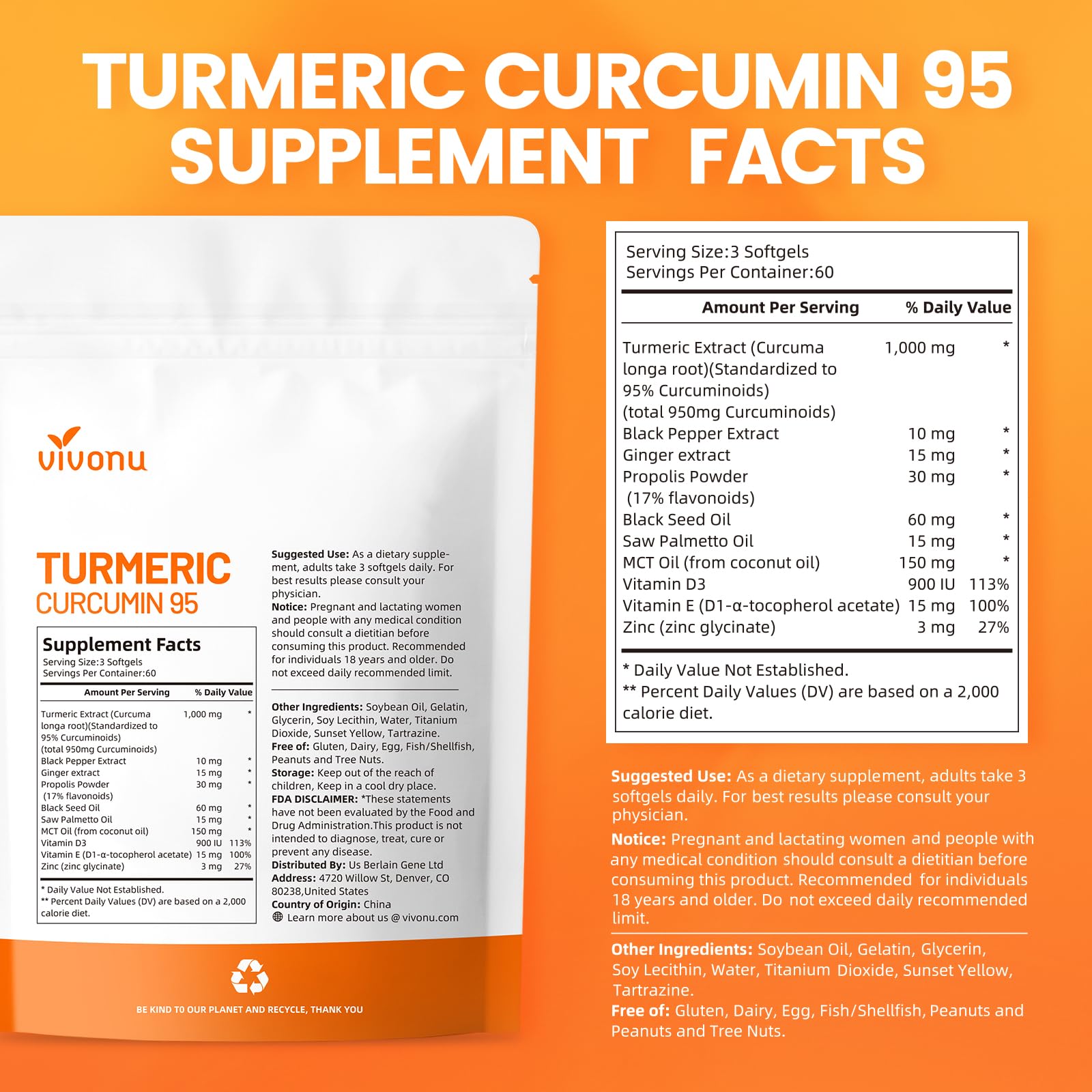 10-in-1 Turmeric Curcumin Softgels 1000mg with MCT Oil, Black Pepper & 60-Day Supply | VivoNu