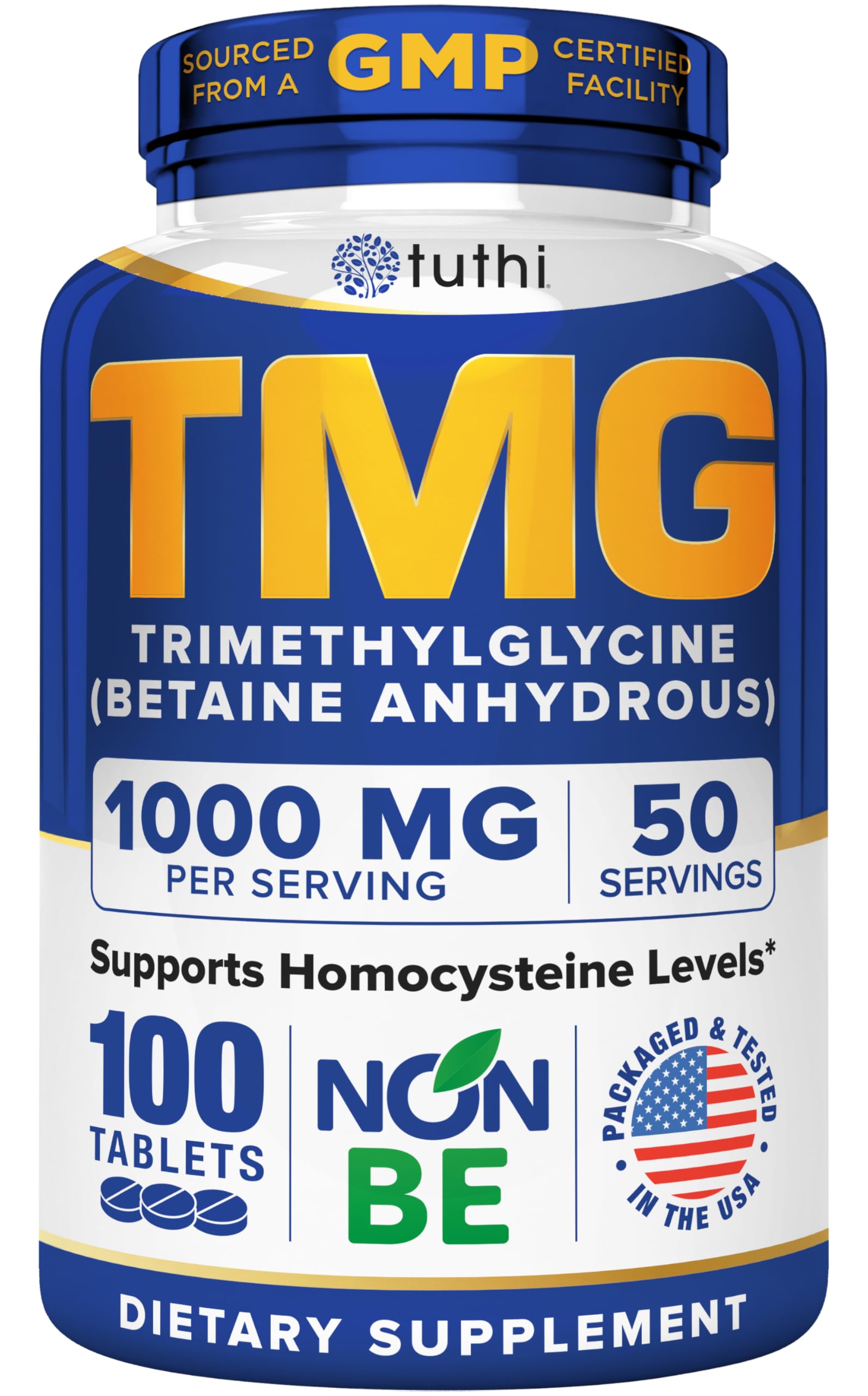 Tuthi TMG Supplement – 1000mg Trimethylglycine – Betaine Amino Acid for Cardiovascular Support and Healthy Homocysteine Levels – 100 Vegan Tablets – Gluten-Free, Non-GMO – Made in USA
