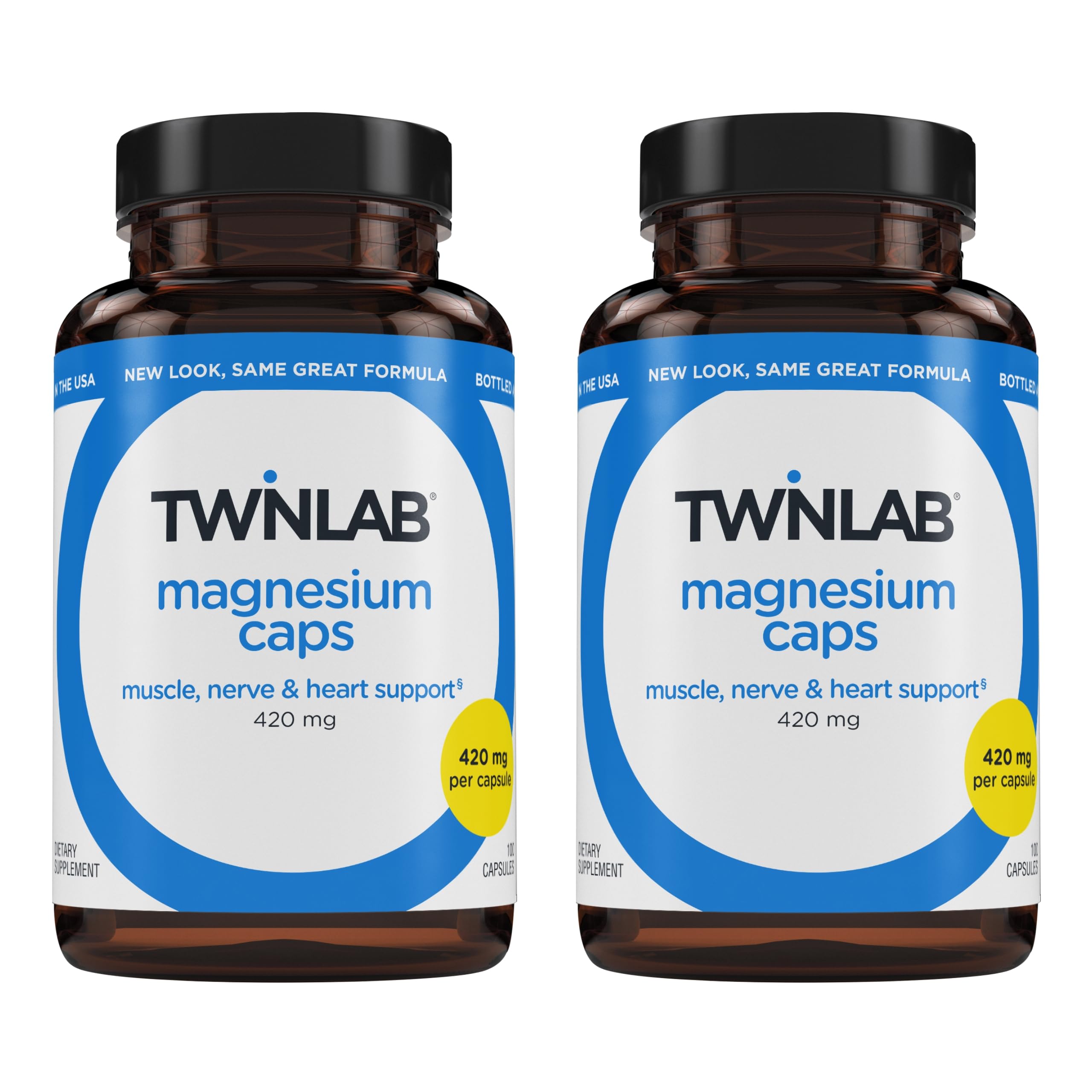 Twinlab Magnesium Caps - High Absorption Magnesium for Leg Cramps Relief | 420 mg, 100 Count, 2 Pack