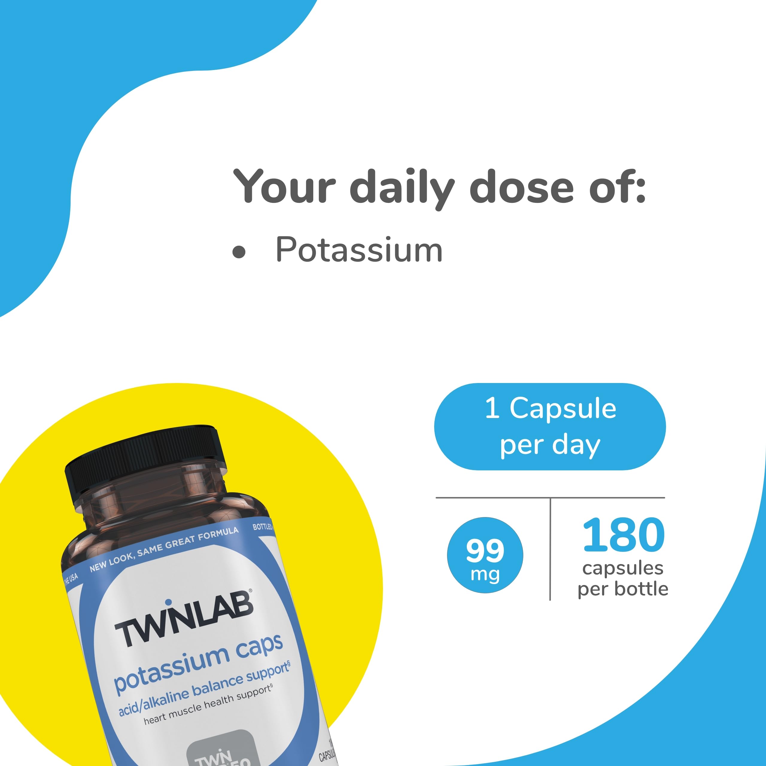 Twinlab Potassium Caps - Electrolyte Support for Heart & Muscle Health (180 Capsules, Pack of 2)