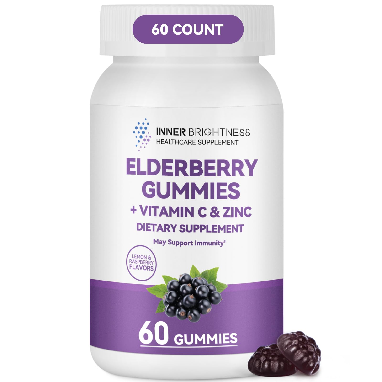 Inner Brightness Elderberry Gummies for Adults – 60 Count | Immune Support with Vitamin C & Zinc | Vegan, Non-GMO, Gluten-Free | 2-Month Supply