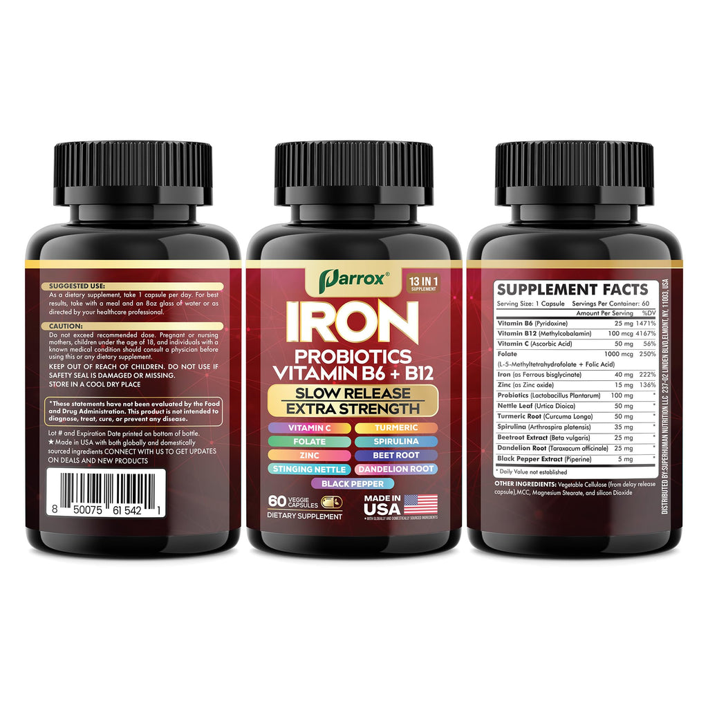 Parrox Elemental-Iron: Slow-Release Iron with Probiotics, Beetroot, Turmeric & B Vitamins – 2 Pack, 60 Capsules Each