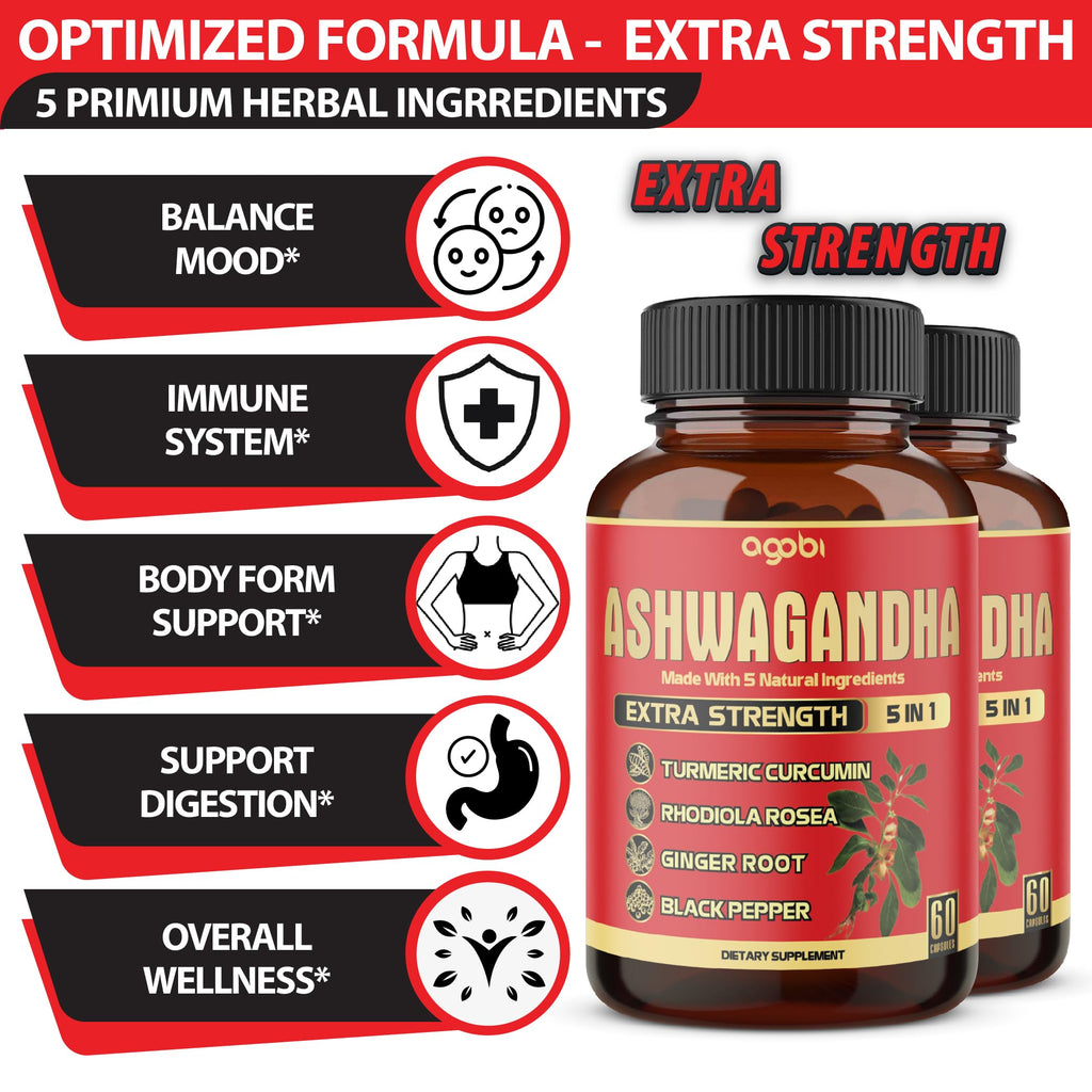 2 Packs – 60 Capsules Each: Ashwagandha 5-in-1 Formula with Turmeric, Rhodiola, Ginger & Black Pepper | 4 Month Supply