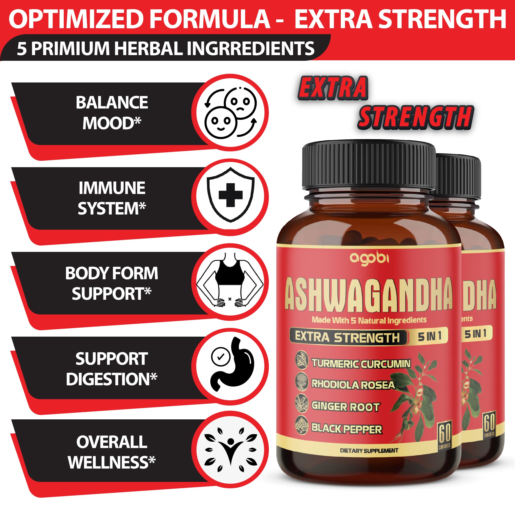 2 Packs – 60 Capsules Each: Ashwagandha 5-in-1 Formula with Turmeric, Rhodiola, Ginger & Black Pepper | 4 Month Supply