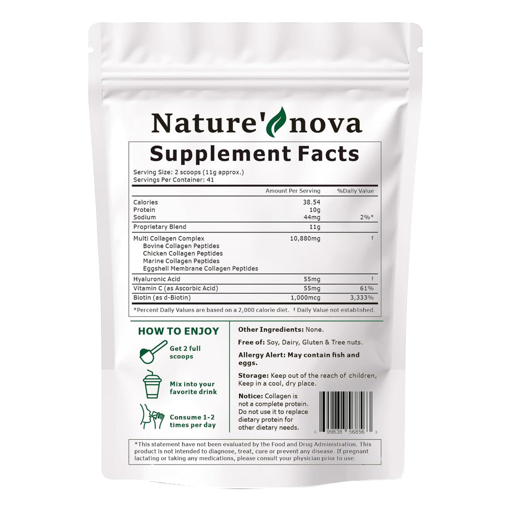 Nature's Nova Multi Collagen Peptides Powder - Types I, II, III, V, X + Biotin & Hyaluronic Acid