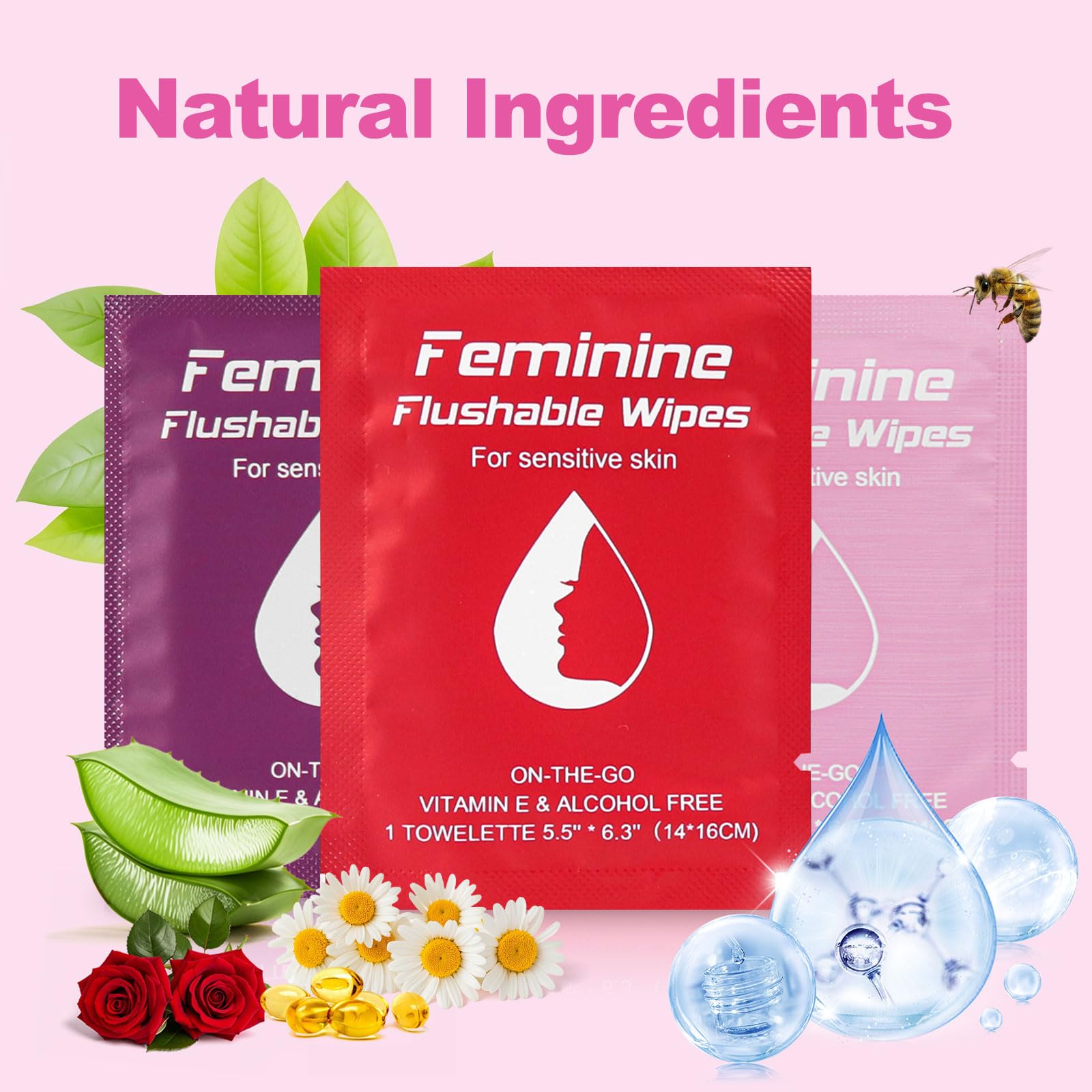 Twoworld Feminine Wipes – 60-Count Travel Pack with Chamomile, Rose, and Unscented, Flushable & Individually Wrapped