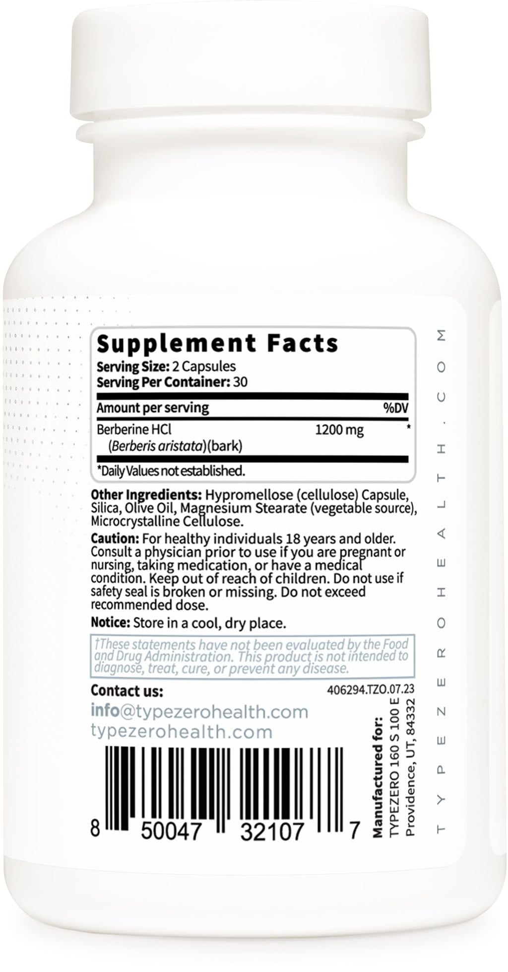 Type Zero Berberine HCL 1200mg 60 Capsules – Pack of 2 | Clean, Non-GMO, Gluten Free
